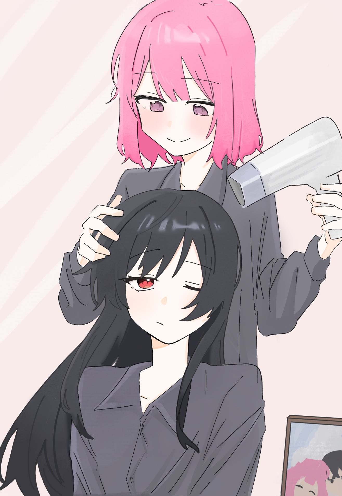 amaori renako, koto satsuki, watashi ga koibito ni nareru wake naijan murimuri!, highres, 2girls, black hair, hair dryer, holding, holding hair dryer, idimushoten, long hair, multiple girls, no hair ornament, one eye closed, pink hair, short hair, smile