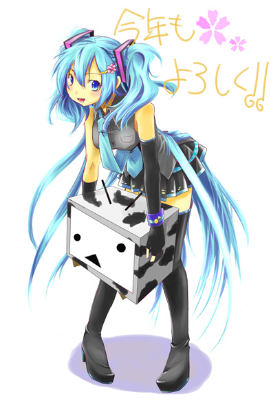 kiri nada, hatsune miku, niconico, vocaloid, bad id, bad pixiv id, blue eyes, blue hair, elbow gloves, gloves, kotoyoro, long hair, necktie, new year, skirt, solo, thighhighs, twintails