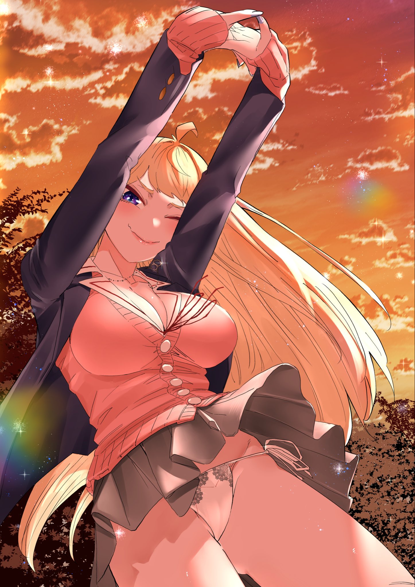 ikada kai, fuyuki minami, dosanko gal wa namaramenkoi, highres, 1girl, ahoge, arms up, blazer, blonde hair, blue eyes, blush, breasts, cameltoe, cardigan, cleavage, clothes lift, cloud, jacket, large breasts, long hair, long sleeves, one eye closed, outdoors, panties, pink cardigan, school uniform, side-tie panties, skirt, skirt lift, sky, smile, solo, thighs, underwear, white panties, wind, wind lift