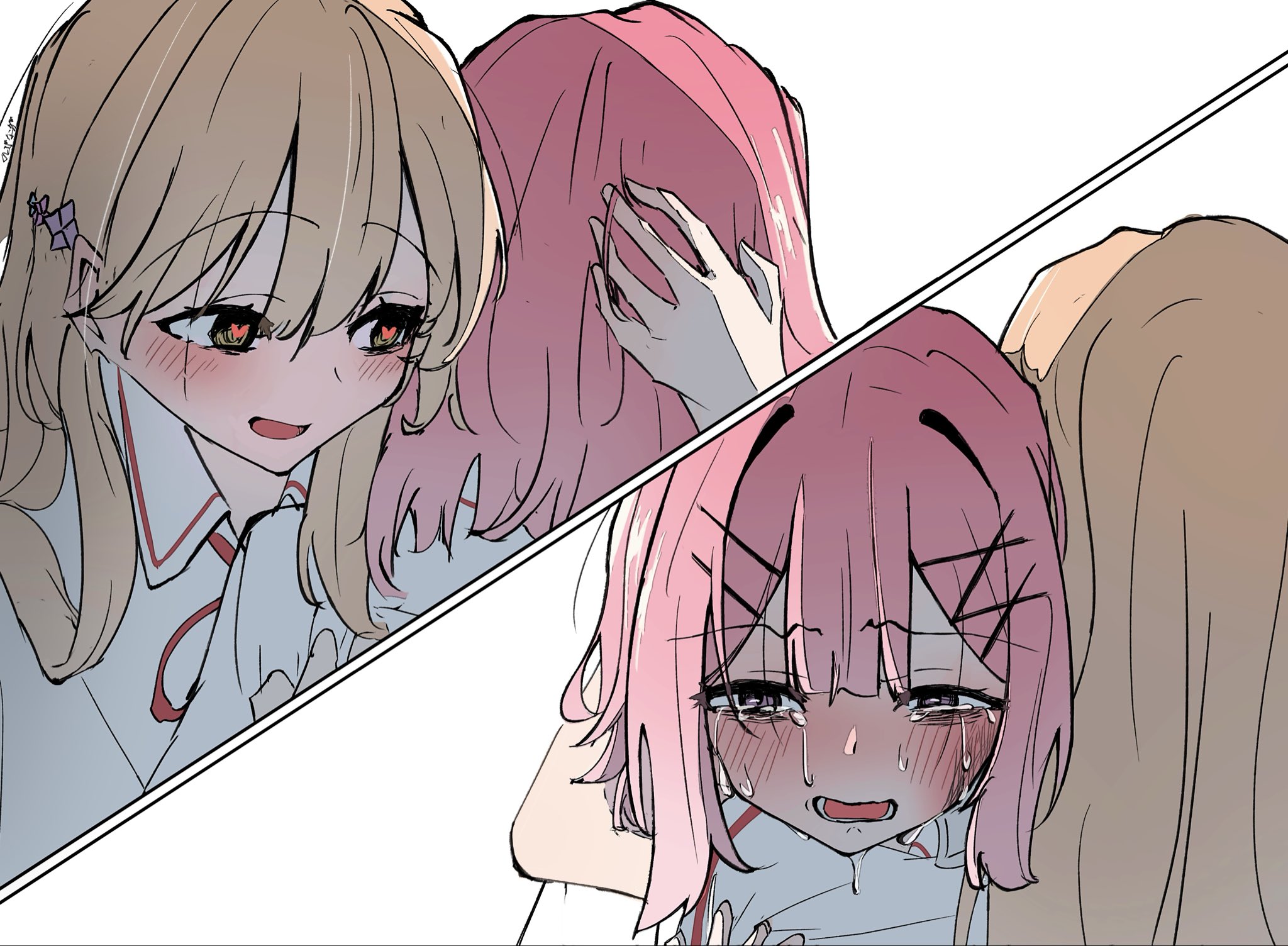 amaori renako, sena ajisai, watashi ga koibito ni nareru wake naijan murimuri!, highres, blush, brown hair, flower hairpin, hair ornament, hand on another's head, heart, heart-shaped pupils, hug, nobunaga (nbng g), pink hair, symbol-shaped pupils, tears, x hair ornament