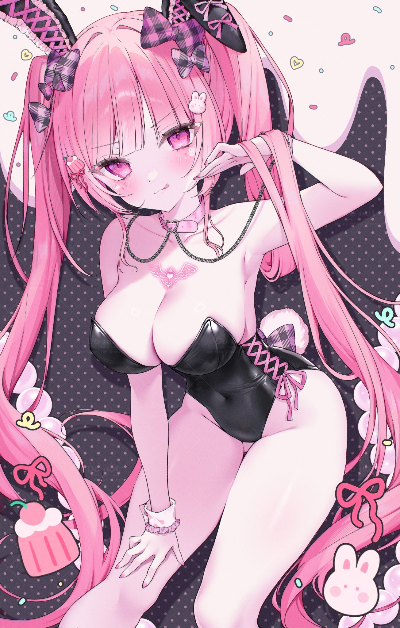 1girl, black leotard, breasts, cleavage, galaxx itou, leotard, pink hair, playboy bunny, twintails