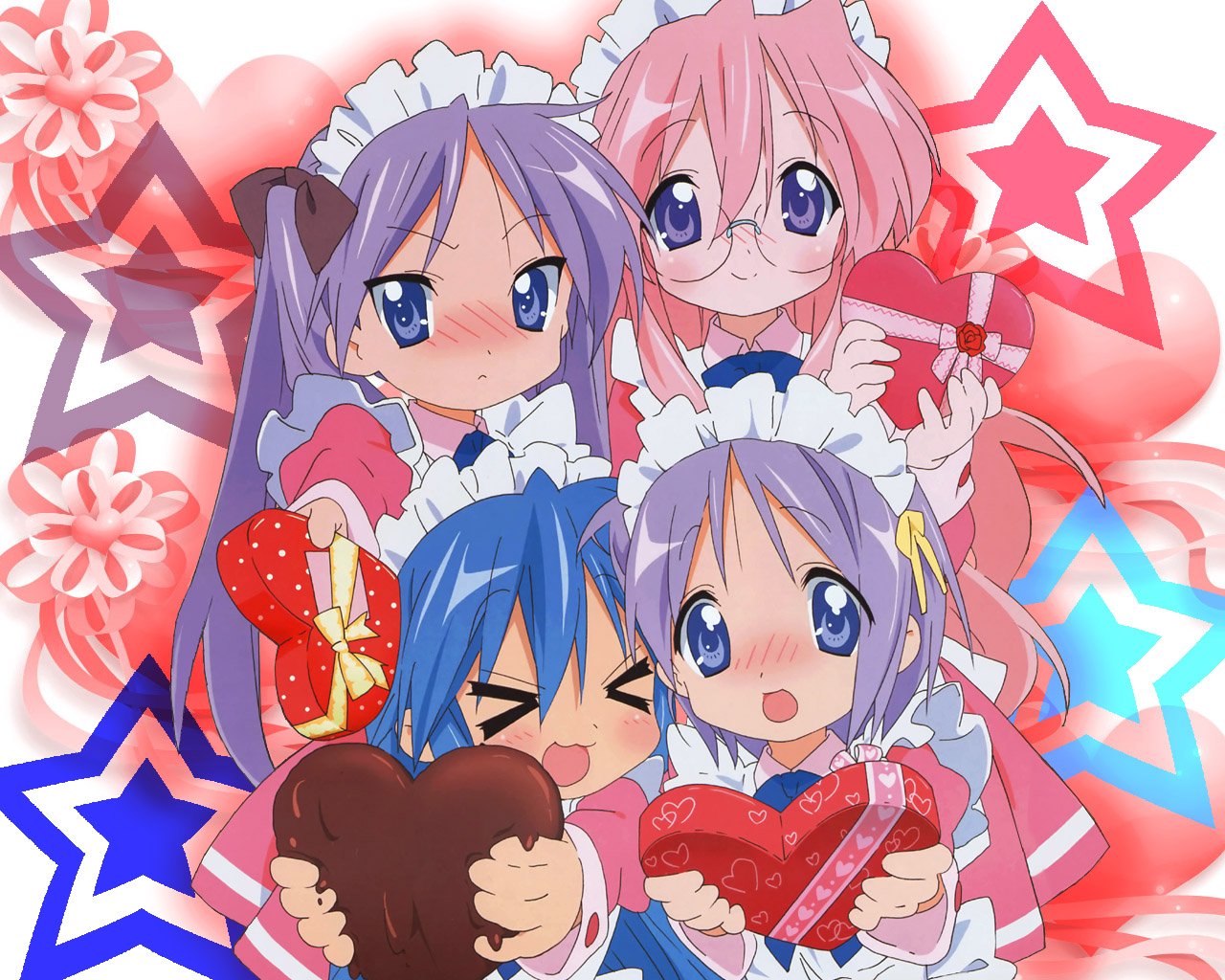 hiiragi kagami, hiiragi tsukasa, izumi konata, takara miyuki, lucky star, > <, 00s, 4girls, blue eyes, blush, chocolate, closed eyes, heart, long hair, maid, multiple girls, open mouth, pink hair, purple eyes, purple hair, short hair, siblings, sisters, star (symbol), tongue, tsundere, twins, upper body, valentine