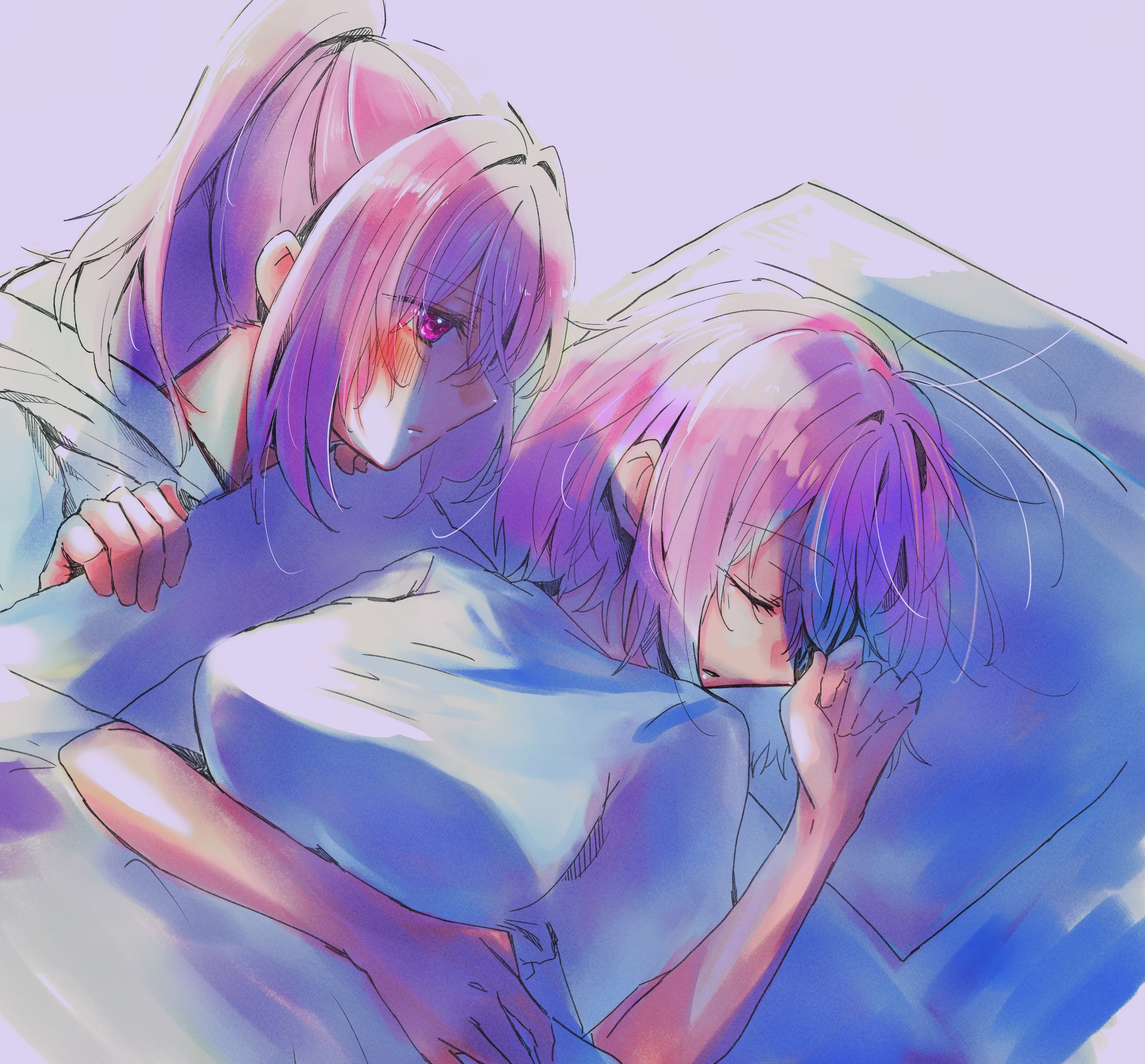 ao (aymr6215), amaori haruna, amaori renako, watashi ga koibito ni nareru wake naijan murimuri!, absurdres, highres, 2girls, blush, closed eyes, looking at another, lying, multiple girls, pillow, pink hair, ponytail, sleeping