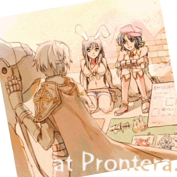 itsuki (lqs), blacksmith (ragnarok online), lord knight (ragnarok online), merchant, peco peco, whitesmith (ragnarok online), ragnarok online, commentary request, 1boy, 2girls, animal ears, armor, barding, bird, blue shorts, boots, breasts, brown cape, cape, closed mouth, crop top, dagger, gauntlets, hat, in-universe location, knife, long hair, looking at another, medium breasts, multiple girls, open mouth, pauldrons, photo (object), pink boots, pink hat, potion, rabbit ears, rabbit girl, seiza, sepia, shirt, short hair, shorts, shoulder armor, sitting, sleeveless, sleeveless shirt, smile, tied shirt, weapon, white shirt