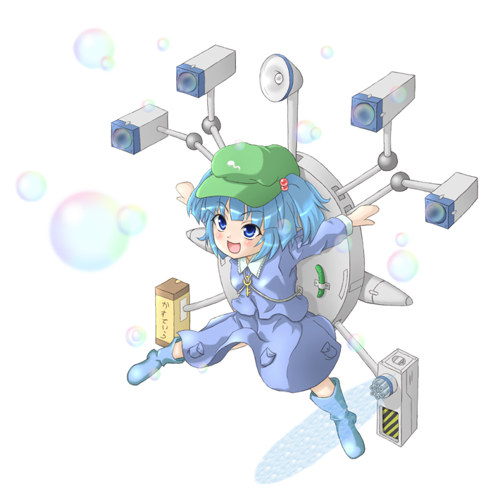 mochi.f, kawashiro nitori, touhou, bad id, bad pixiv id, 1girl, backpack, bag, blue eyes, blue hair, boots, bubble, cucumber, female focus, hat, key, matching hair/eyes, randoseru, short hair, skirt, solo, two side up, white background
