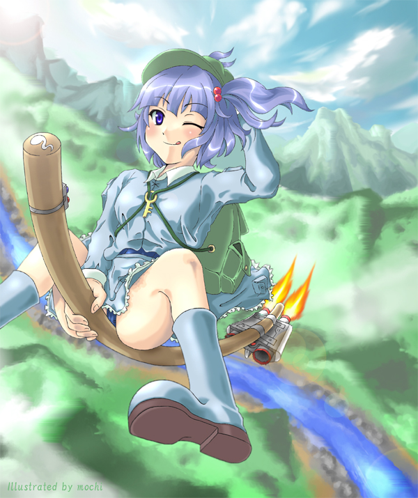 mochi.f, kawashiro nitori, touhou, bad id, bad pixiv id, 1girl, :q, ;q, backpack, bag, blue eyes, blue hair, boots, broom, broom riding, day, female focus, hand on headwear, hat, key, matching hair/eyes, mountain, one eye closed, panties, randoseru, river, short hair, sky, solo, swimsuit, swimsuit under clothes, tongue, tongue out, two side up, underwear, wink