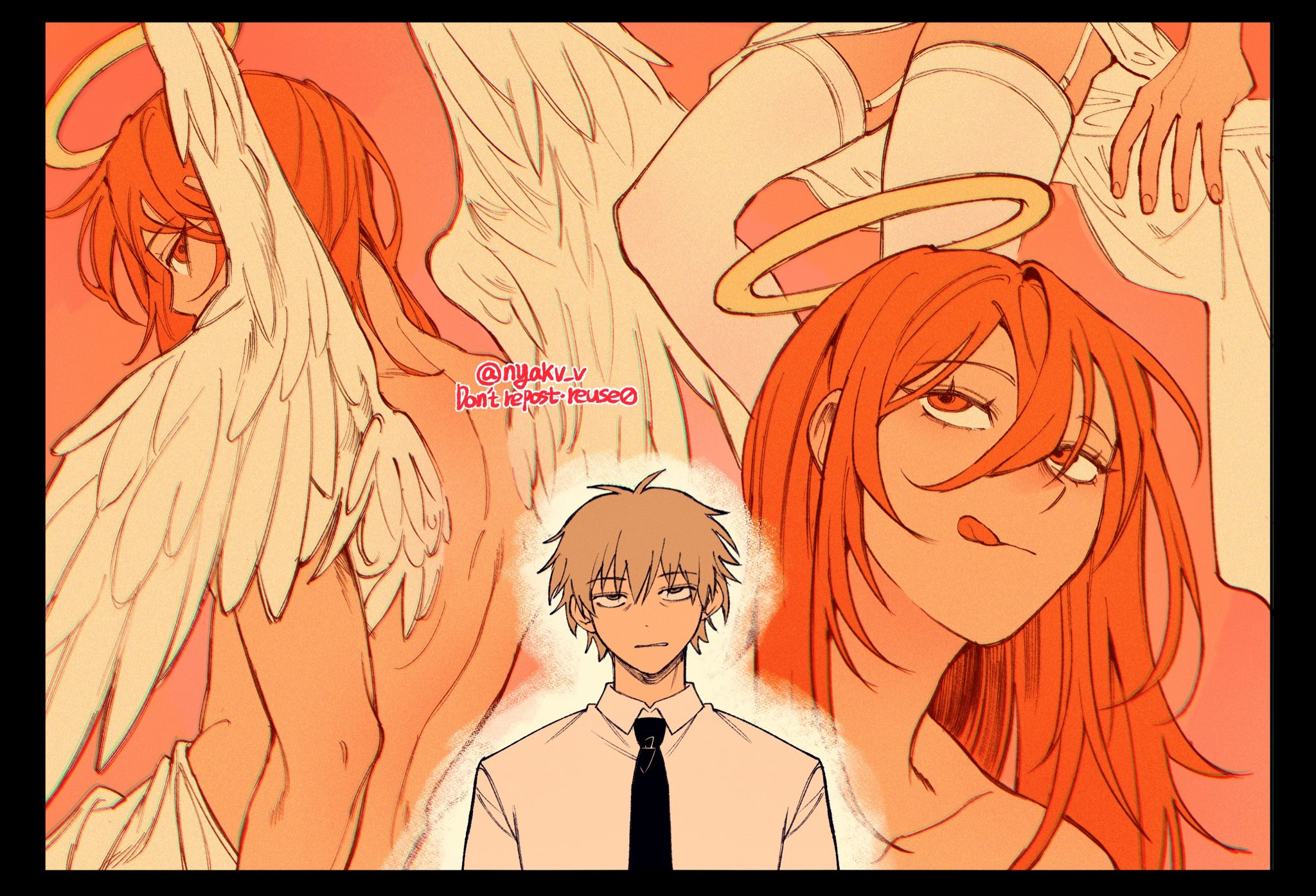 angel devil (chainsaw man), denji (chainsaw man), chainsaw man, highres, 2boys, androgynous, angel wings, black necktie, blonde hair, dress shirt, garter straps, halo, long hair, male focus, multiple boys, necktie, nyakv v, orange eyes, orange hair, shirt, short hair, tongue, tongue out, twitter username, upper body, white garter straps, wings, yellow halo