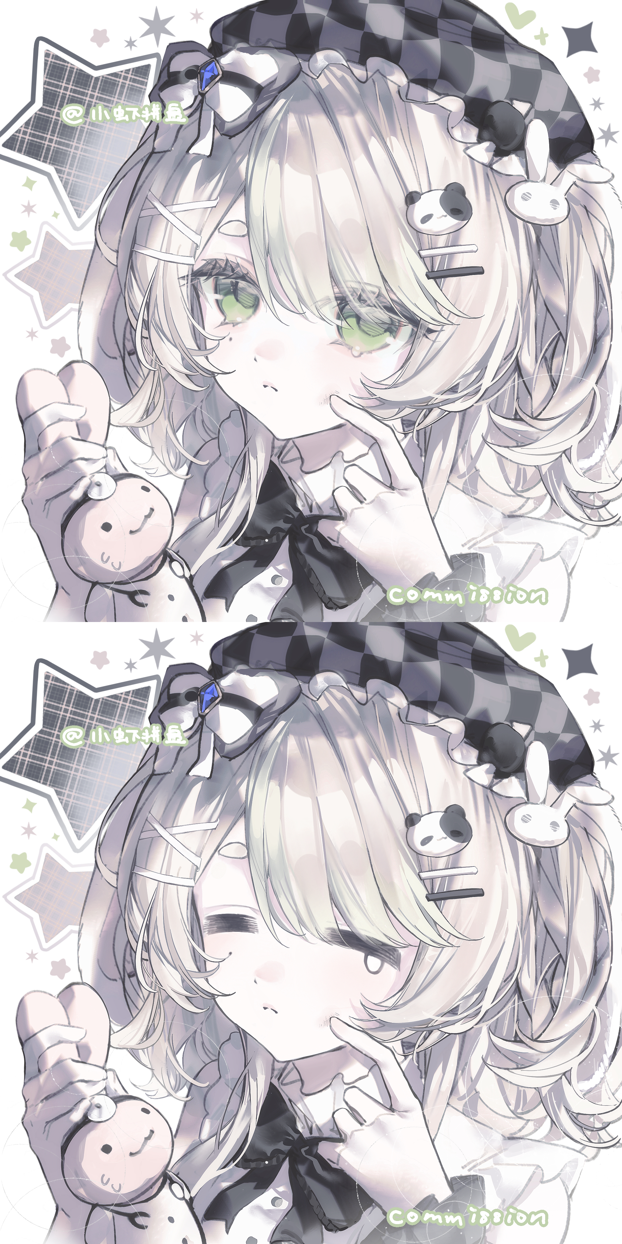 original, absurdres, commission, highres, 1girl, artist name, black bow, black bowtie, black hat, blonde hair, bow, bowtie, checkered hat, closed eyes, closed mouth, green eyes, hair ornament, hairclip, hands up, hat, holding, holding stuffed toy, long hair, long sleeves, looking at viewer, multiple views, parallel hairclips, portrait, rabbit hair ornament, shirt, star (symbol), stuffed animal, stuffed rabbit, stuffed toy, teardrop, white background, white shirt, x hair ornament, xiao xia pin pan