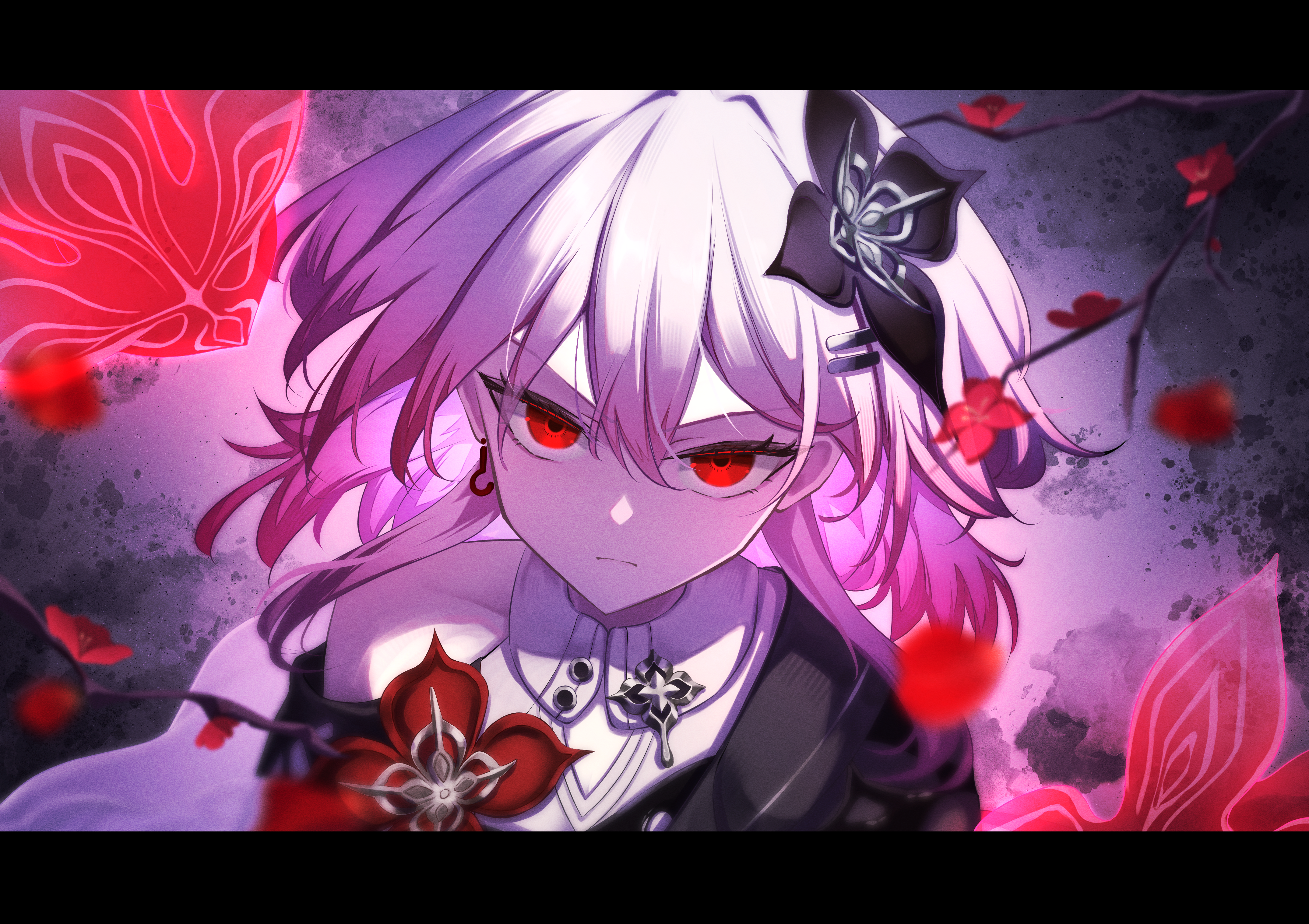 memeiradesuyo, evernight (honkai: star rail), march 7th (honkai: star rail), honkai: star rail, honkai (series), absurdres, commentary request, highres, 1girl, black flower, earrings, flower, flower ornament, hair between eyes, hair flower, hair ornament, hairclip, jewelry, letterboxed, long hair, looking at viewer, official alternate eye color, pink hair, red eyes, single earring, solo, upper body