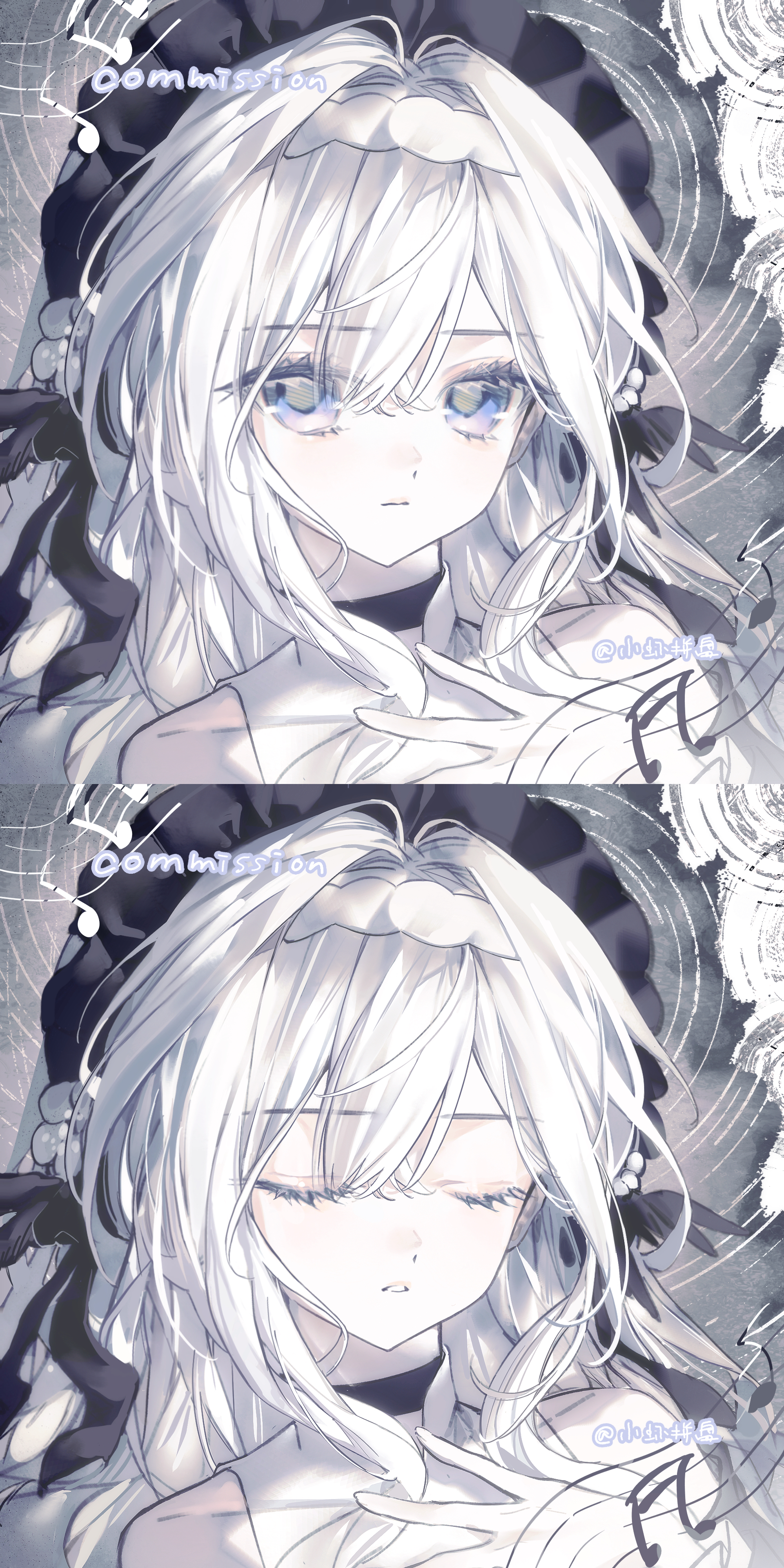 original, absurdres, commission, highres, 1girl, artist name, bare shoulders, black choker, black ribbon, blue eyes, choker, closed eyes, closed mouth, hair between eyes, hair intakes, hair ribbon, hairband, hand on own chest, long hair, multiple views, parted lips, portrait, ribbon, shirt, sitting, sleeveless, sleeveless shirt, white hair, white hairband, white shirt, xiao xia pin pan
