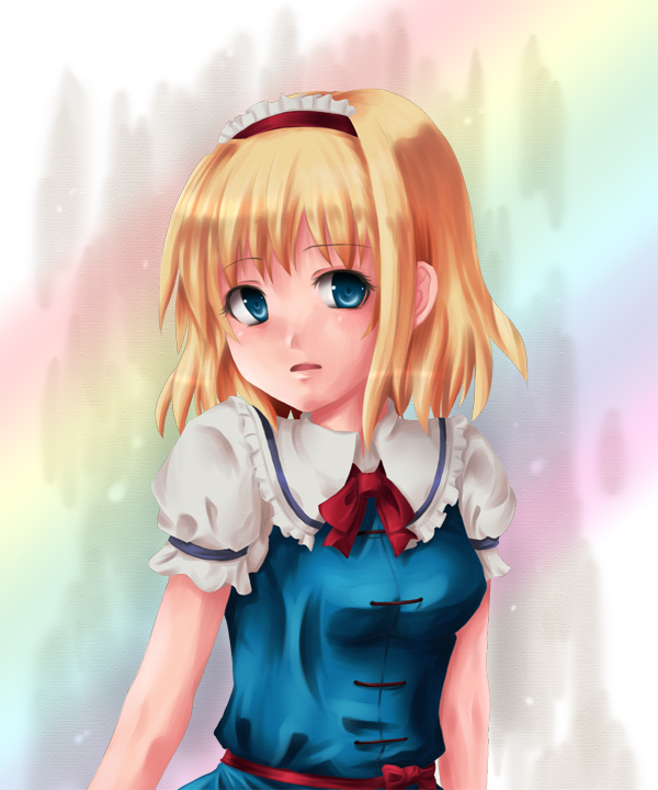 mochi.f, alice margatroid, touhou, bad id, bad pixiv id, 1girl, blonde hair, blue eyes, female focus, gradient background, hairband, ribbon, short hair, solo, upper body