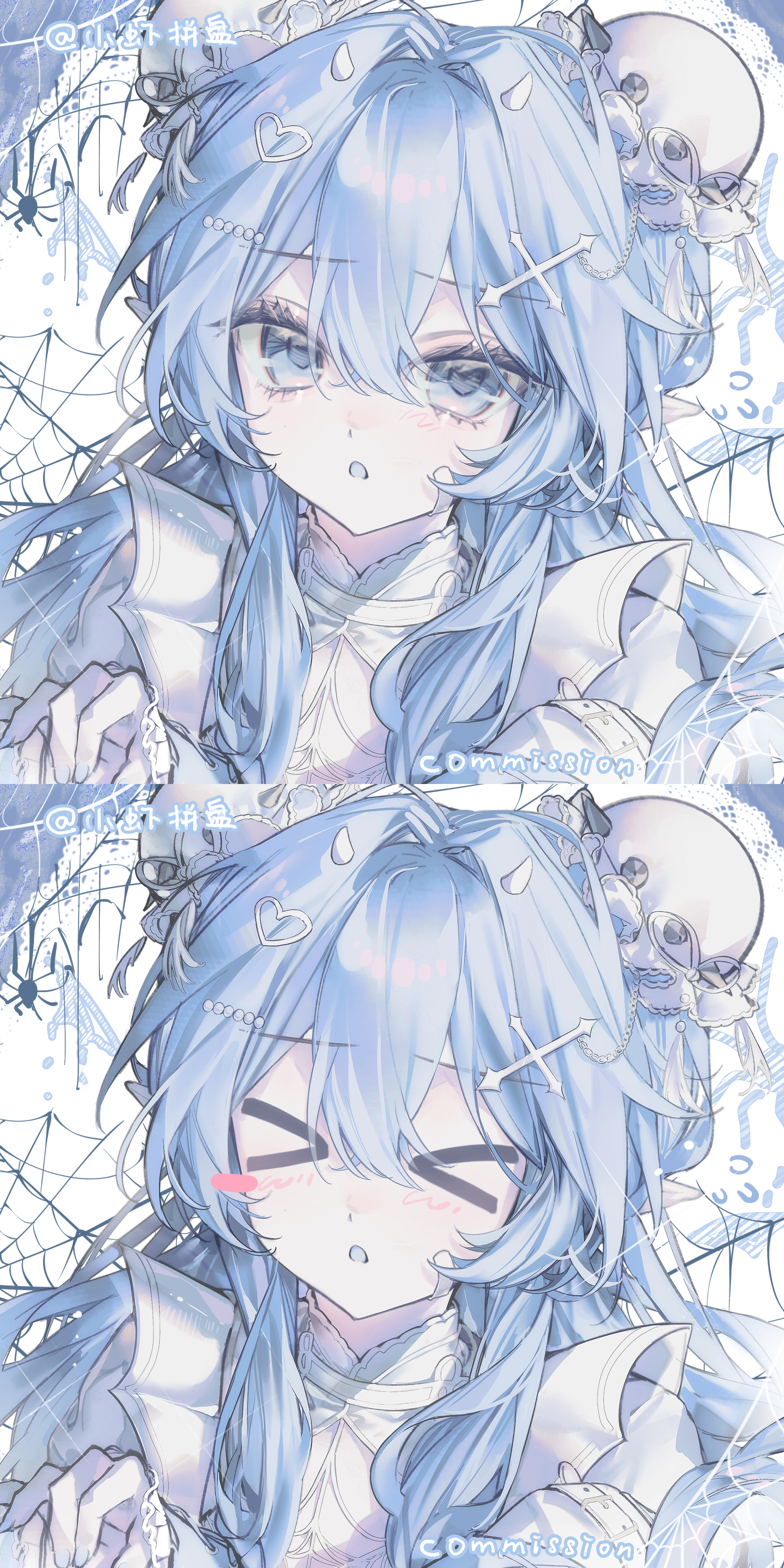 original, absurdres, commission, highres, > <, 1girl, artist name, blue eyes, blue hair, blue nails, bun cover, closed eyes, double-parted bangs, double bun, dress, hair between eyes, hair bun, hair intakes, hair ornament, hand up, heart, heart hair ornament, long hair, looking at viewer, multiple views, nail polish, parted lips, portrait, shirt, silk, spider web, white dress, white shirt, xiao xia pin pan