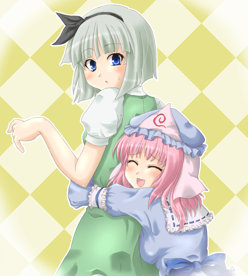 mochi.f, konpaku youmu, saigyouji yuyuko, touhou, silver hair, bad id, bad pixiv id, 2girls, blue eyes, female focus, hairband, hat, hug, multiple girls, pink hair, short hair