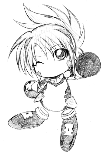 hagane soushi, numbers (nanoha), wendi (nanoha), jikkyou powerful pro yakyuu, lyrical nanoha, mahou shoujo lyrical nanoha, mahou shoujo lyrical nanoha strikers, lowres, traditional media, 1girl, chibi, female focus, greyscale, monochrome, one eye closed, parody, short hair, simple background, sketch, solo, standing, white background, wink