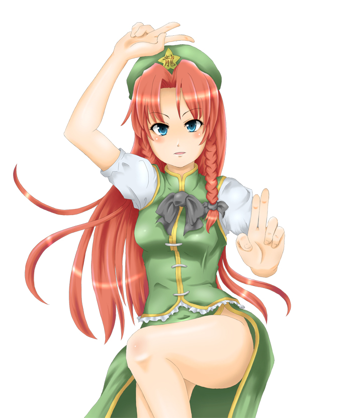 mochi.f, hong meiling, immaterial and missing power, touhou, bad id, bad pixiv id, 1girl, blue eyes, braid, breasts, female focus, hat, long hair, red hair, ribbon, simple background, skirt, solo, twin braids, white background