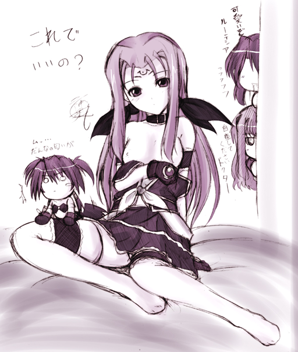 hagane soushi, agito, agito (nanoha), asclepius (nanoha), jail scaglietti, lutecia, lutecia alpine, numbers (nanoha), uno (nanoha), lyrical nanoha, mahou shoujo lyrical nanoha, mahou shoujo lyrical nanoha strikers, translation request, 00s, 1boy, 3girls, breasts, chibi, hair ribbon, long hair, mini person, minigirl, monochrome, multiple girls, ribbon, sketch, small breasts, thighhighs