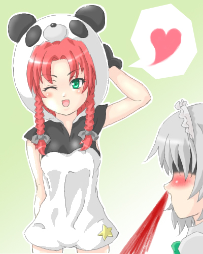 mochi.f, hong meiling, izayoi sakuya, embodiment of scarlet devil, touhou, silver hair, bad id, bad pixiv id, lowres, 2girls, animal costume, blood, braid, female focus, gradient background, green eyes, hat, heart, multiple girls, nosebleed, one eye closed, panda costume, panda suit, red hair, ribbon, twin braids, white background, wink