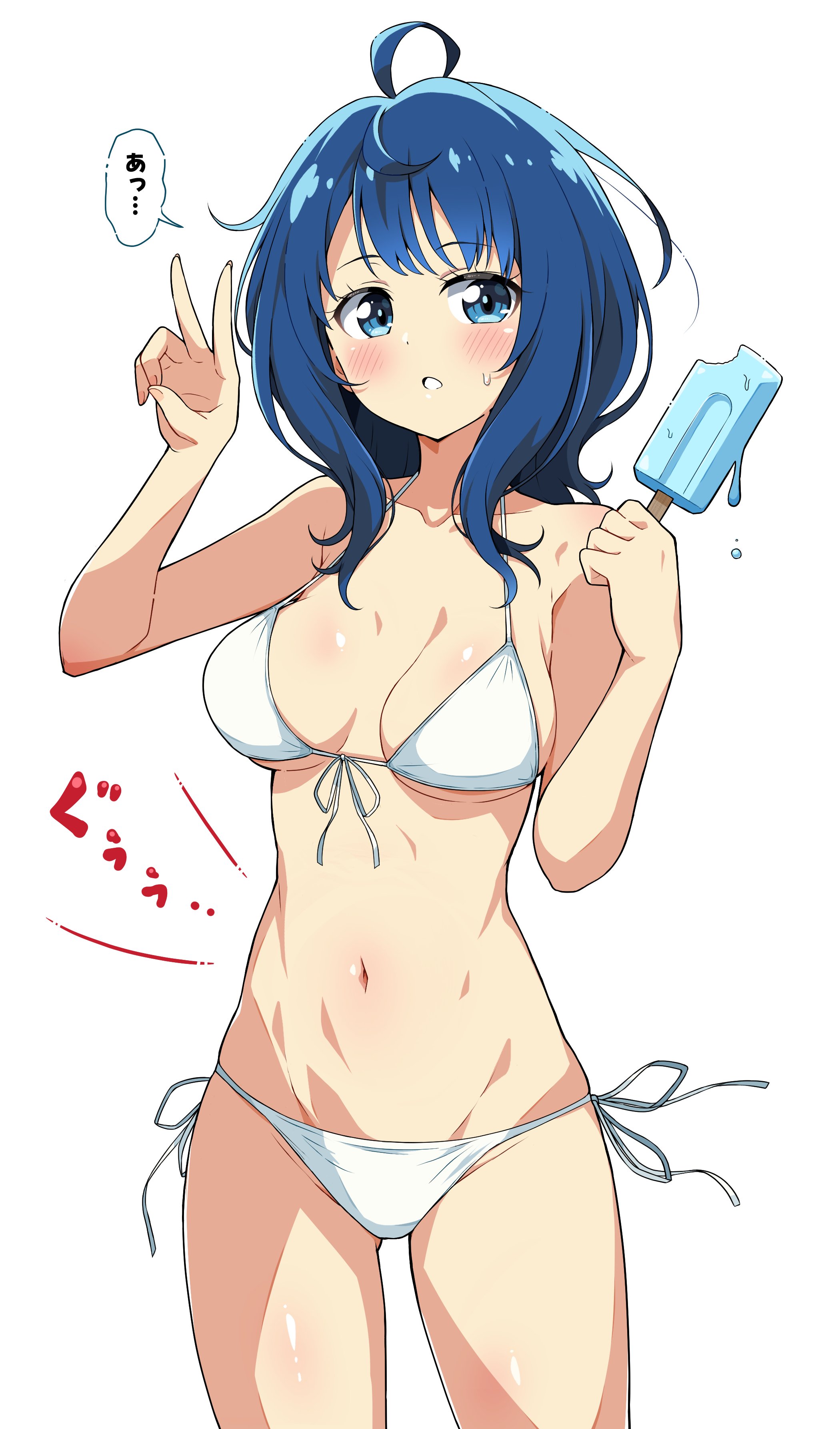 eggman (ni tamagoex), yanami anna, make heroine ga oo sugiru!, absurdres, highres, translated, 1girl, :o, ;), ahoge, bare shoulders, bikini, blue eyes, blue hair, blush, breasts, breasts apart, cowboy shot, food, holding, holding food, holding popsicle, hungry, medium hair, navel, one eye closed, popsicle, side-tie bikini bottom, simple background, smile, solo, speech bubble, stomach, stomach growling, sweat, swimsuit, thighs, v, white background, white bikini