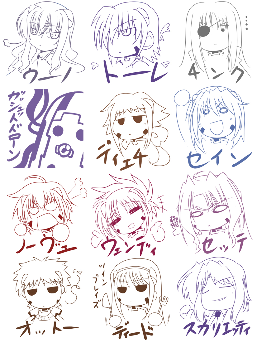 hagane soushi, cinque (nanoha), deed (nanoha), dieci (nanoha), jail scaglietti, nove (nanoha), numbers (nanoha), otto (nanoha), sein (nanoha), sette (nanoha), tre (nanoha), uno (nanoha), wendi (nanoha), lyrical nanoha, mahou shoujo lyrical nanoha, mahou shoujo lyrical nanoha strikers, eyebrows, 00s, 1boy, 6+girls, monochrome, multiple girls, multiple monochrome, sketch