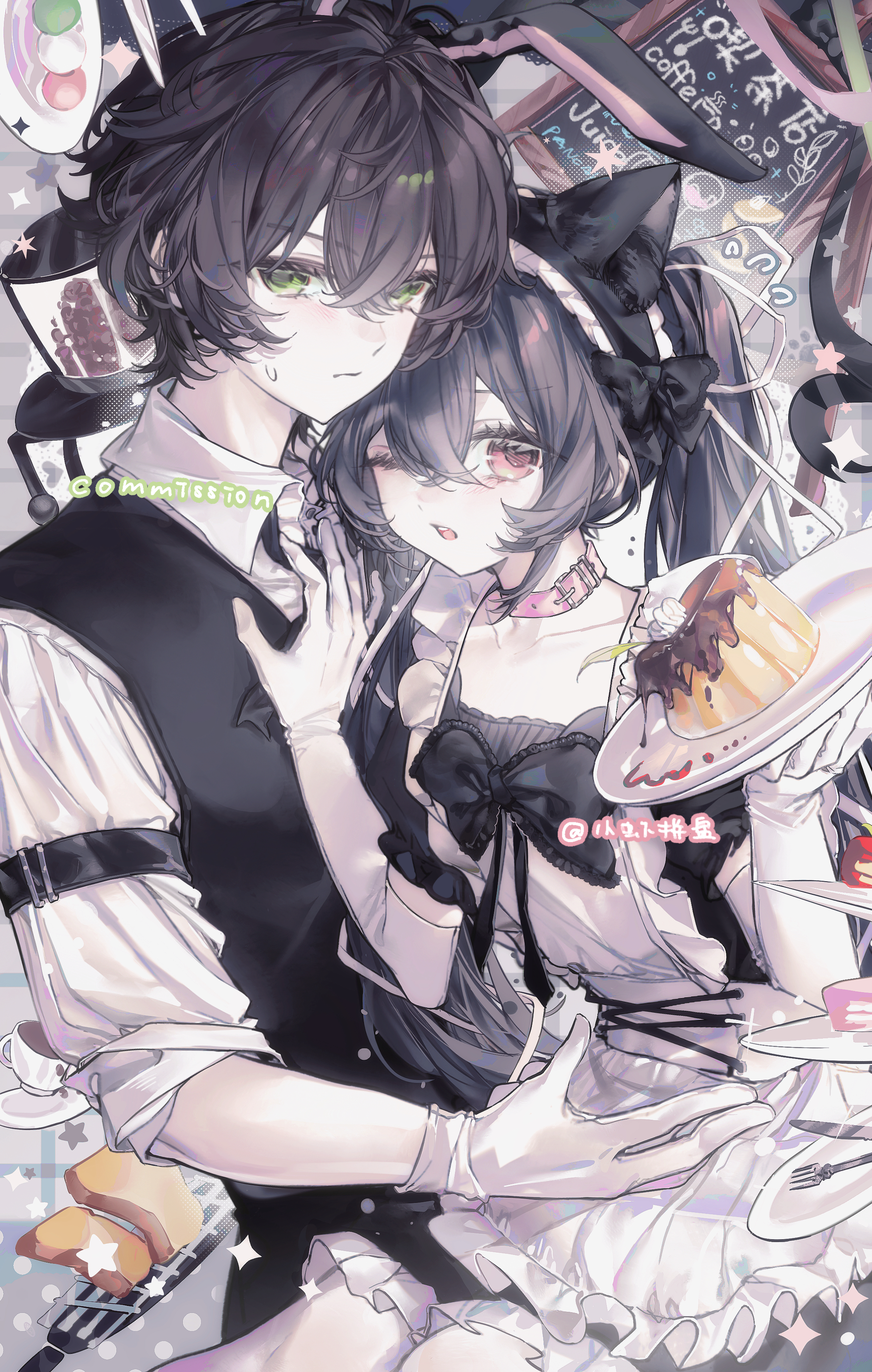 original, absurdres, commission, highres, 1boy, 1girl, animal ear fluff, animal ears, apron, belt collar, black dress, black hair, black hairband, black vest, cat ears, cat girl, choker, closed mouth, collar, collarbone, collared shirt, crossed bangs, dress, elbow gloves, flying sweatdrops, frilled apron, frilled hairband, frills, gloves, green eyes, hair between eyes, hairband, long hair, long sleeves, one eye closed, open mouth, pink choker, rabbit ears, red eyes, shirt, short hair, short sleeves, sweatdrop, twintails, upper body, vest, white apron, white gloves, white shirt, xiao xia pin pan