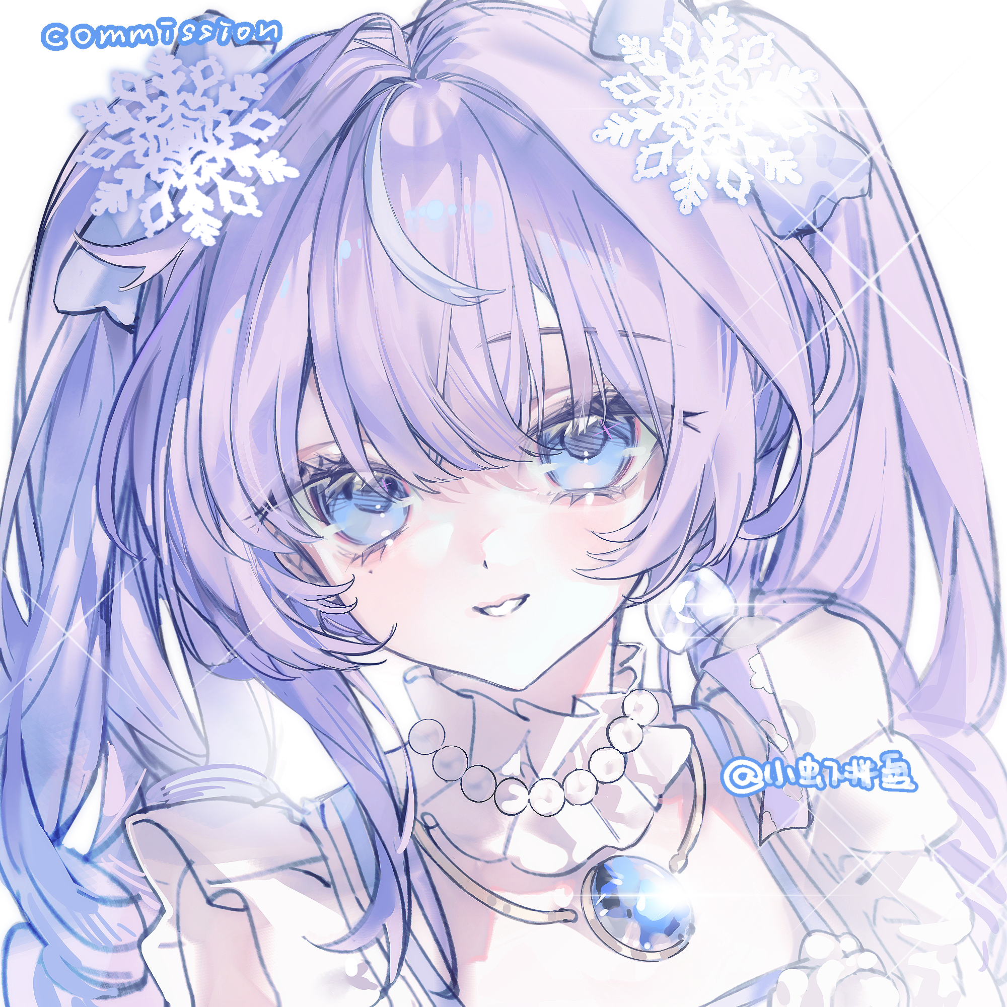 original, commission, highres, 1girl, artist name, bead necklace, beads, blue eyes, blush, dress, grin, jewelry, long hair, looking at viewer, necklace, pendant, portrait, purple hair, simple background, smile, solo, twintails, white background, white dress, xiao xia pin pan