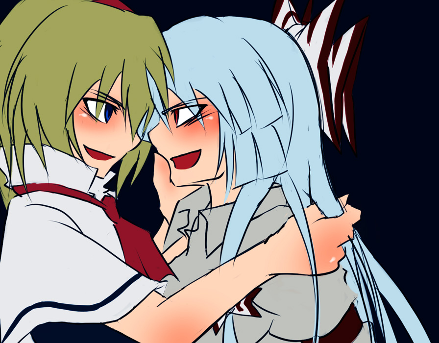 makoto (pixiv), makoto jon, alice margatroid, fujiwara no mokou, touhou, 2girls, blonde hair, blue eyes, blue hair, female focus, long hair, multiple girls, red eyes, ribbon, short hair