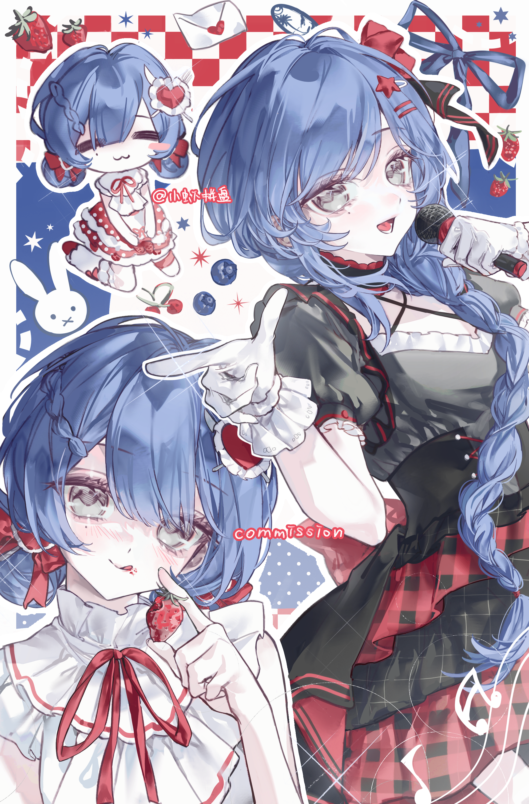 original, absurdres, commission, highres, 1girl, :3, :d, :q, artist name, black choker, black dress, blue hair, blue ribbon, blueberry, blush, blush stickers, braid, cherry, choker, closed mouth, cowboy shot, double bun, dress, food, fruit, gloves, grey eyes, hair bun, hair ornament, hairclip, holding, holding microphone, long hair, looking at viewer, medium hair, microphone, multiple views, neck ribbon, open mouth, parallel hairclips, red ribbon, ribbon, short sleeves, single braid, smile, star (symbol), star hair ornament, strawberry, tongue, tongue out, white gloves, xiao xia pin pan