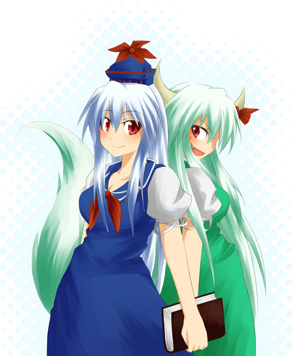 makoto (pixiv), makoto jon, ex-keine, kamishirasawa keine, touhou, 2girls, blue hair, book, female focus, green hair, hat, horns, long hair, multiple girls, red eyes, ribbon, standing, white background