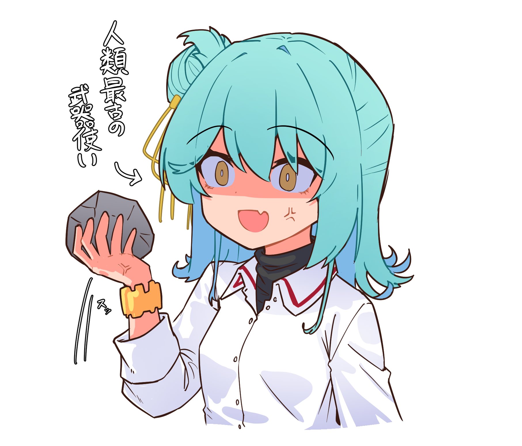 koyanagi kaho, watashi ga koibito ni nareru wake naijan murimuri!, highres, 1girl, anger vein, aqua hair, hair bun, holding, holding rock, rock, school uniform, scrunchie, shaded face, simasima 85, single hair bun, solo, upper body, yellow scrunchie
