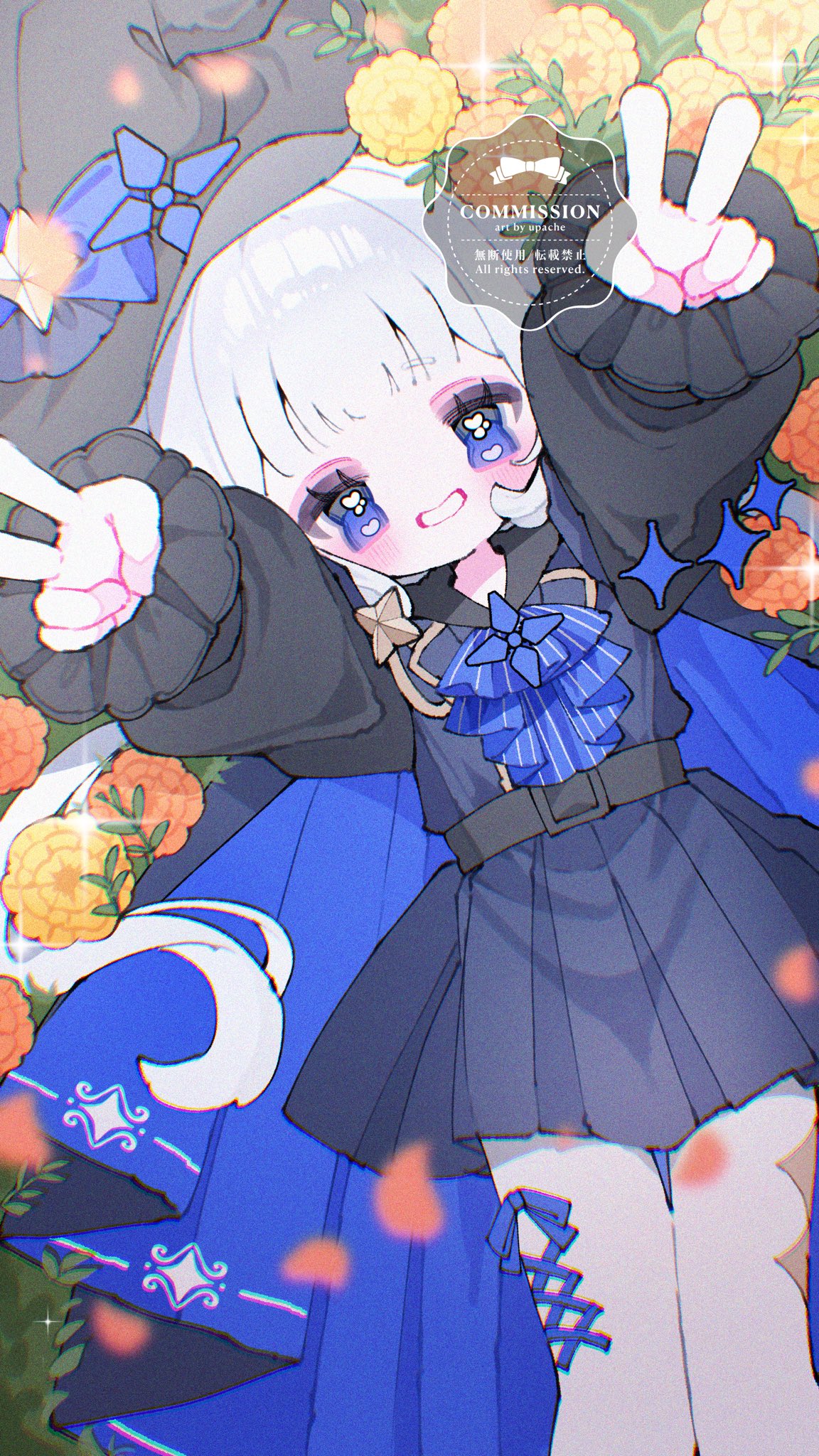 upa papa co, original, commentary, commission, highres, symbol-only commentary, 1girl, arms up, ascot, belt, black belt, black hat, black shirt, blue ascot, blue eyes, blue skirt, blush, cowboy shot, double v, flower, grin, hat, long hair, long sleeves, looking at viewer, lying, on back, orange flower, pleated skirt, shirt, skirt, smile, solo, striped ascot, v, watermark, white hair, witch hat, yellow flower