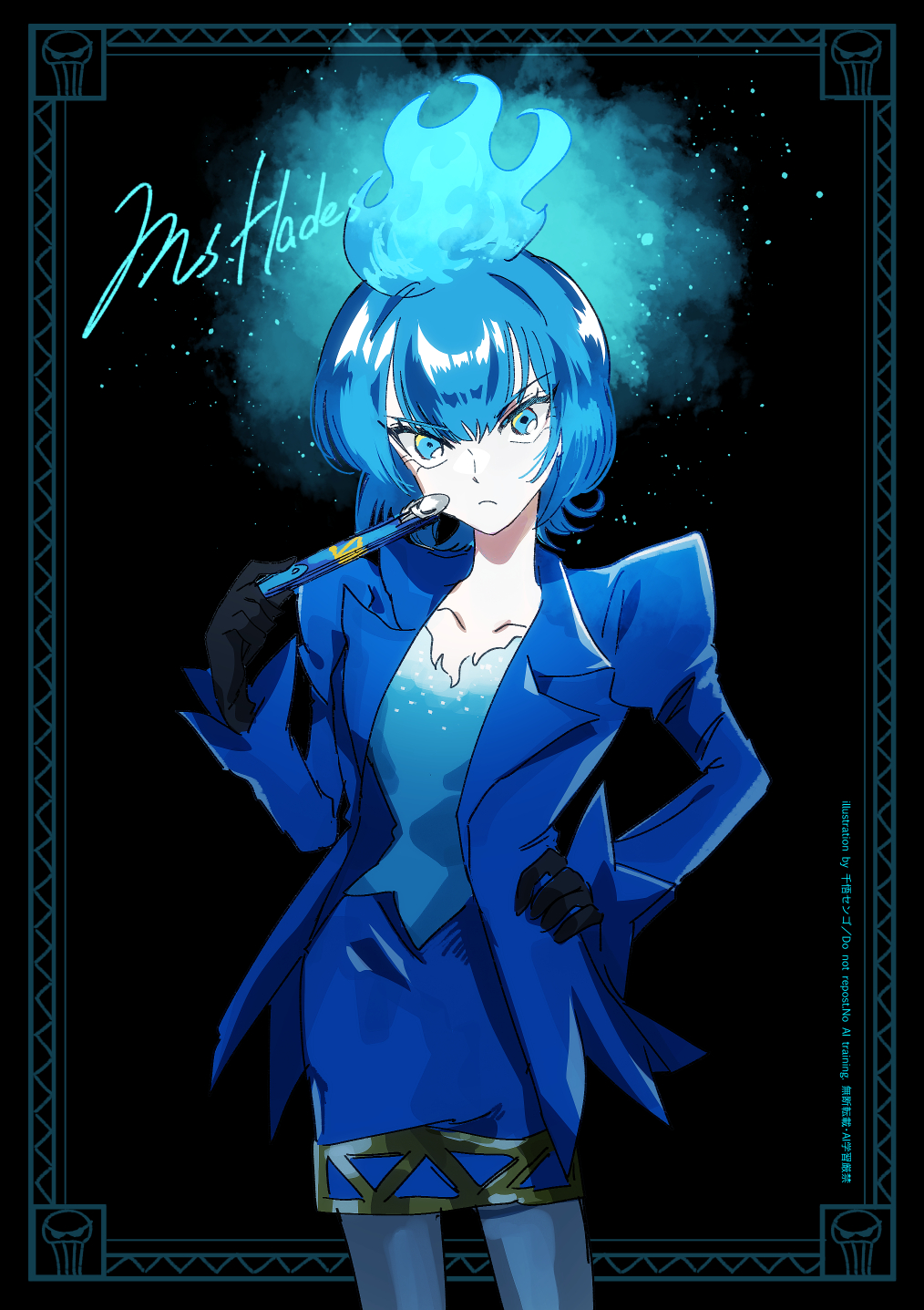 airagency1005, ms. hades, disneyland, hercules (1997 movie), highres, 1girl, animification, blue fire, blue hair, blue lips, closed mouth, dress, fiery hair, fire, formal clothes, gloves, lipstick, long hair, long sleeves, looking at viewer, makeup, simple background, solo, suit