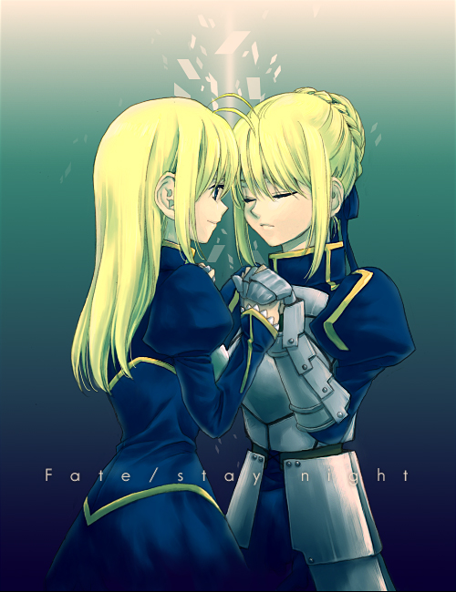 momo (gomenne), mou ii, artoria pendragon (fate), saber (fate), fate/stay night, fate (series), bad id, bad pixiv id, 00s, 2girls, ahoge, antenna hair, armor, blonde hair, dual persona, hair down, long hair, multiple girls, muoii, time paradox