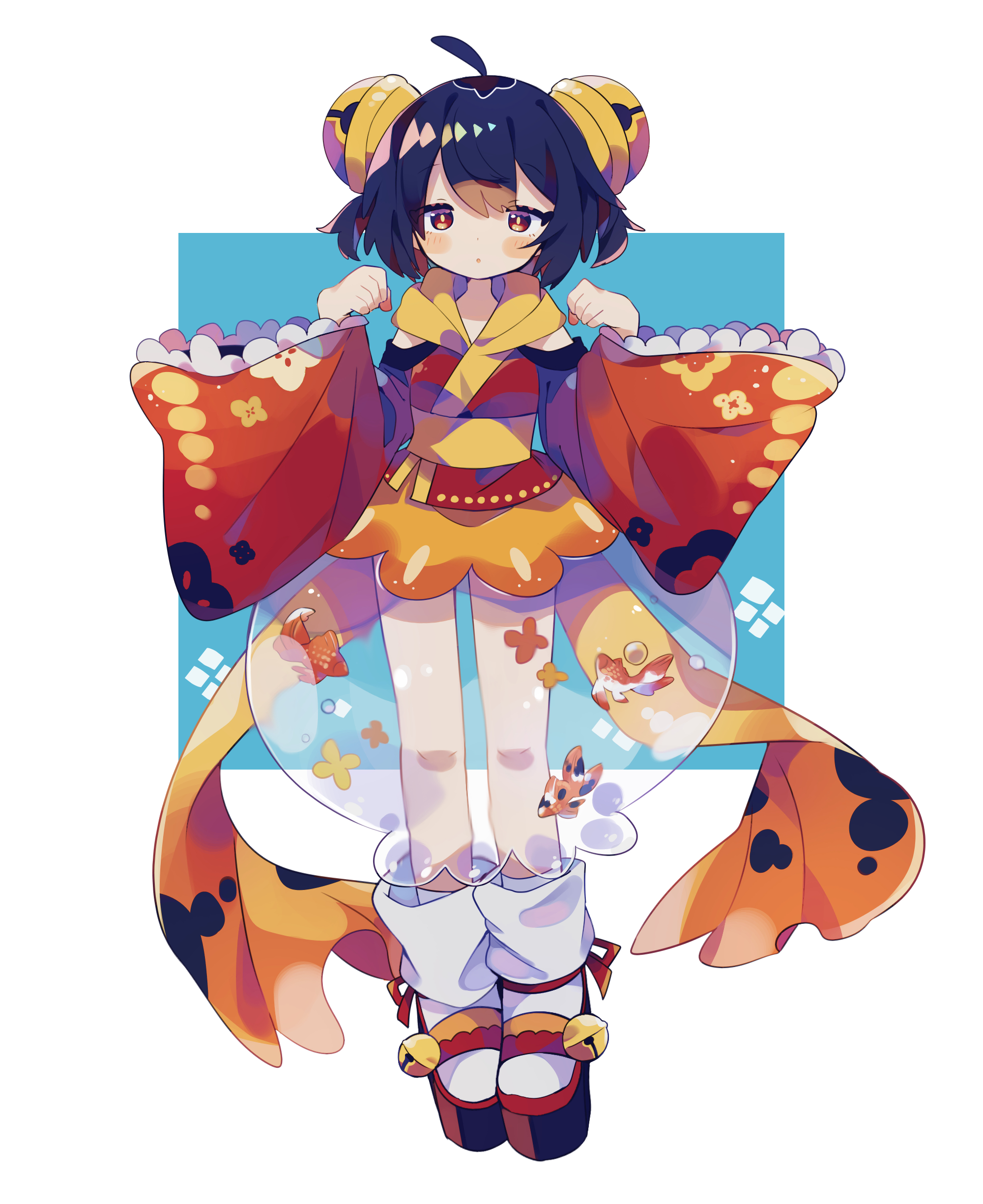 uenomigi, original, absurdres, commentary request, highres, 1girl, :o, ahoge, bell, black hair, blush stickers, fish, frilled sleeves, frills, full body, goldfish, hair bell, hair ornament, hand up, japanese clothes, kimono, long sleeves, looking at viewer, parted lips, platform sandals, red eyes, red kimono, red sandals, sandals, short hair, socks, solo, standing, white socks, wide sleeves