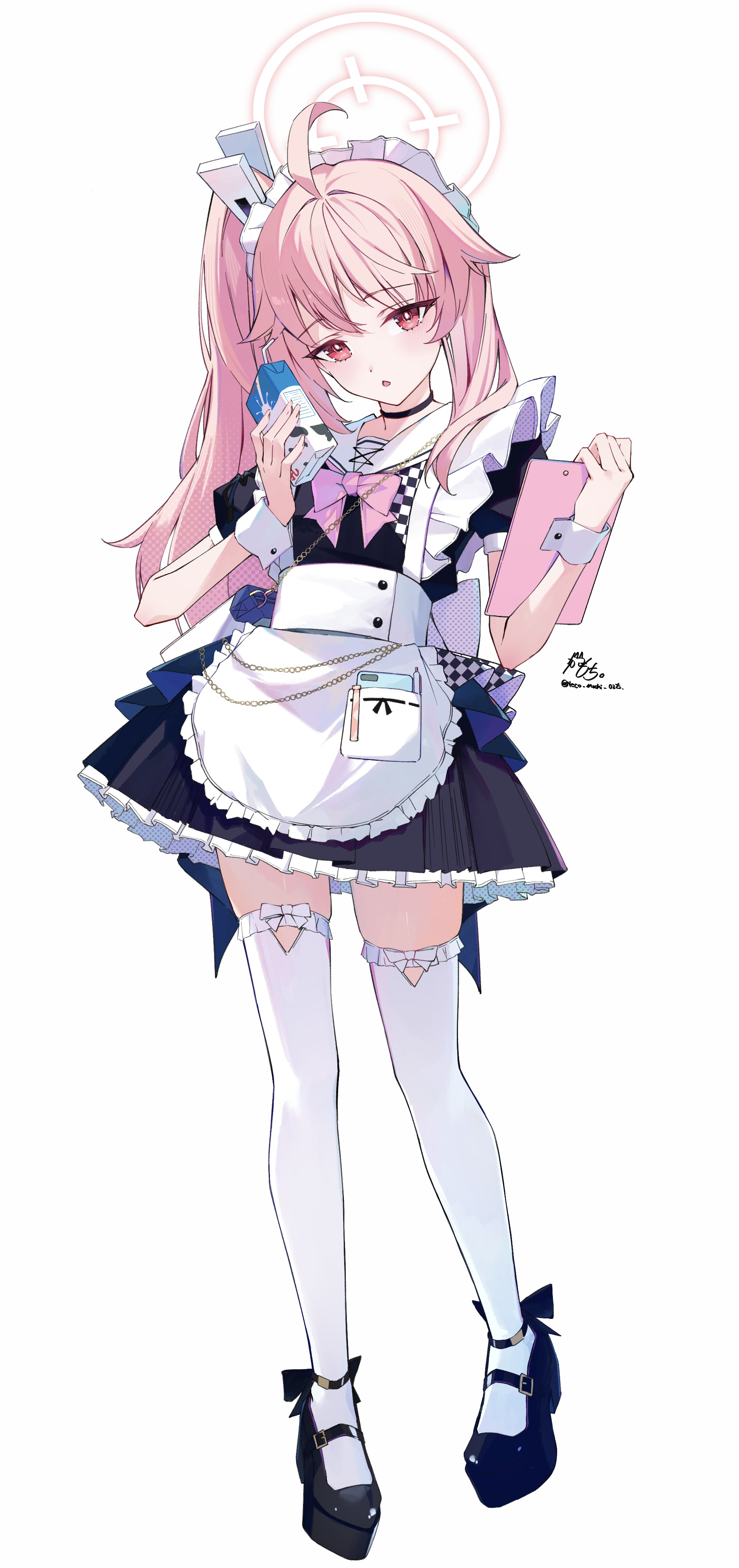 nekomochi, natsu (blue archive), blue archive, absurdres, highres, 1girl, ahoge, alternate costume, apron, black choker, choker, clipboard, enmaided, frilled apron, frills, full body, halo, holding, holding carton, holding clipboard, holding milk carton, long hair, maid, milk carton, open mouth, pink hair, pink halo, red eyes, side ponytail, solo, thighhighs, white apron, white background, white thighhighs, white wrist cuffs, wrist cuffs