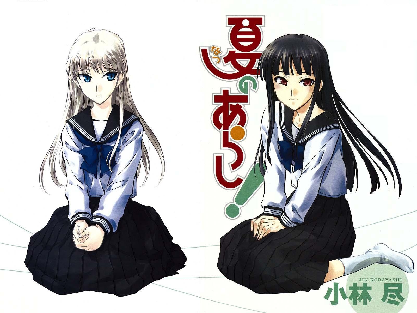 kobayashi jin, arashiyama sayoko, kaja bergmann, natsu no arashi!, highres, 00s, 2girls, black hair, feet, long hair, multiple girls, no shoes, school uniform, serafuku, socks