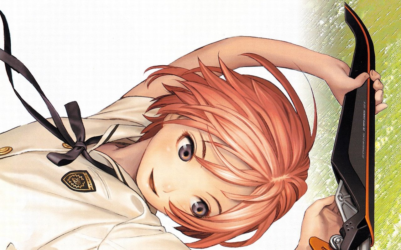murata range, houjou kuniko, shangri-la, 00s, boomerang, bow, pink hair, purple eyes, school uniform, short hair