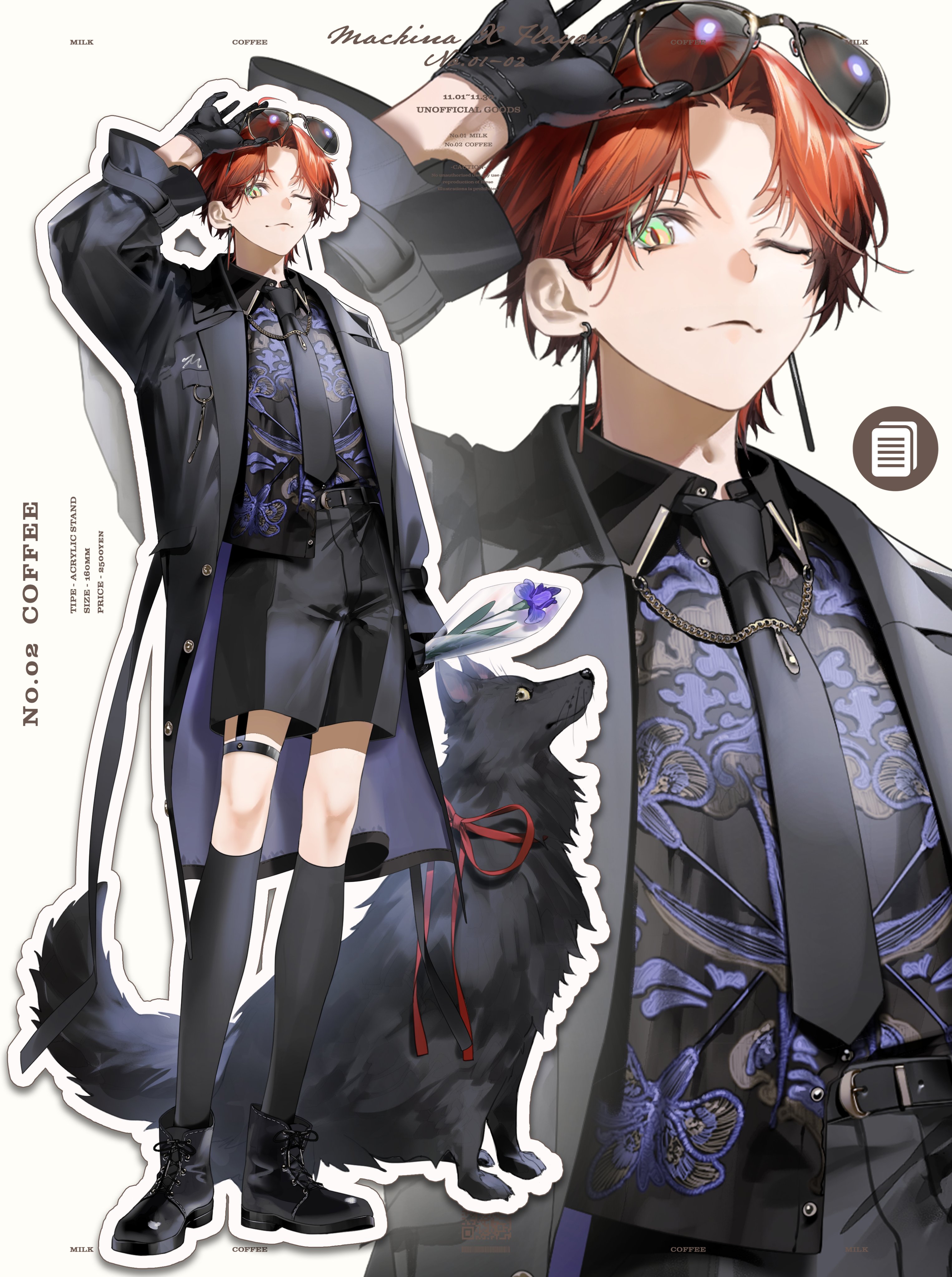 shokuen (oxstl), machina x flayon, holostars, holostars english, absurdres, highres, 1boy, adjusting eyewear, alternate costume, bishounen, black gloves, black necktie, black socks, black suit, closed mouth, dog, eyewear on head, formal clothes, full body, garter belt, gloves, hand up, looking at viewer, male focus, necktie, one eye closed, red hair, short hair, shorts, simple background, socks, solo, suit, sunglasses, virtual youtuber, white background