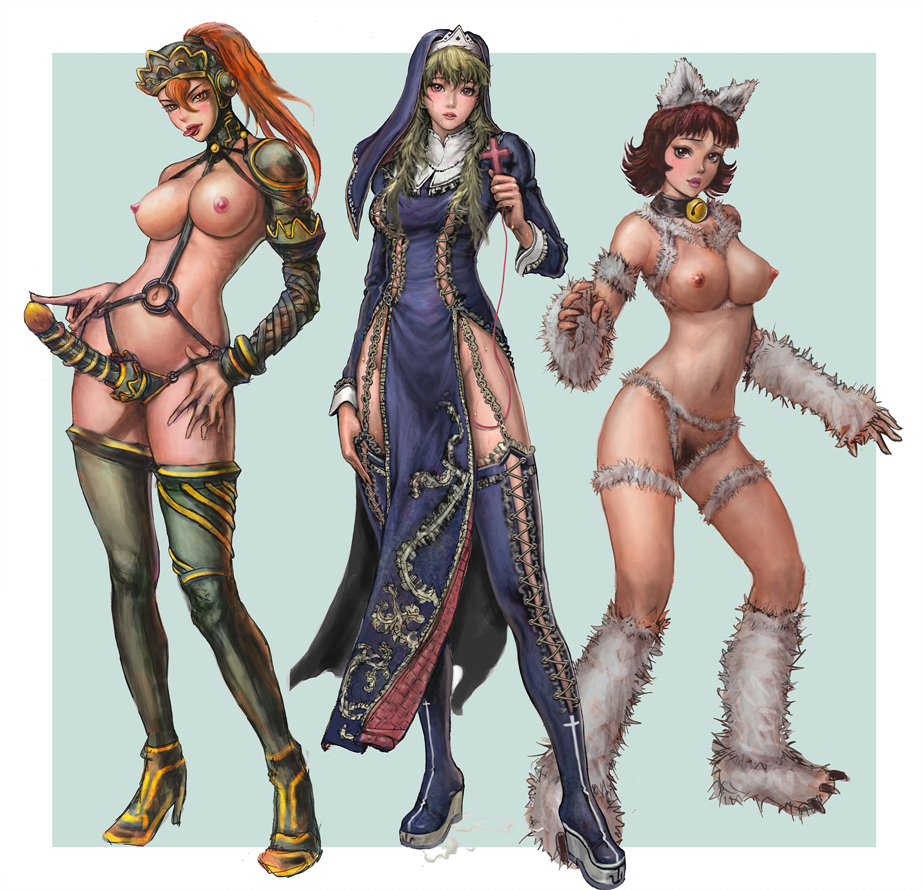 neongun, original, fur, habit, platform footwear, 3girls, :p, animal ears, armor, armored boots, bell, belt, blonde hair, blush, boots, border, breasts, cat ears, collar, contrapposto, cross, crotchless, crotchless bikini, detached sleeves, dildo, facing viewer, fake animal ears, female knight, female pubic hair, fingerless gloves, full body, functionally nude, garter belt, garter straps, gloves, hand on own hip, helmet, high heels, high ponytail, hip focus, jingle bell, knight, lace-up boots, large breasts, leg warmers, long hair, looking at viewer, medium breasts, multiple girls, neck bell, nipples, no bra, no panties, nun, orange eyes, orange hair, outside border, parted lips, pauldrons, paw shoes, pelvic curtain, platform boots, ponytail, pubic hair, public indecency, public vibrator, red eyes, red hair, red lips, remote control vibrator, revealing clothes, sex toy, shoes, short hair, shoulder armor, simple background, small areolae, standing, strap-on, sweat, take your pick, thigh boots, thigh strap, thighhighs, tongue, tongue out, vibrator, white border