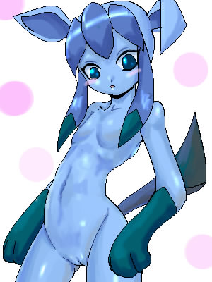 irismightlikepink, glaceon, nintendo, pokemon, lowres, 1girl, animal ears, blue eyes, blue skin, blush, breasts, colored skin, completely nude, costume, female focus, flat chest, furry, furry female, gen 4 pokemon, nude, personification, pussy, simple background, solo, tail, uncensored, white background