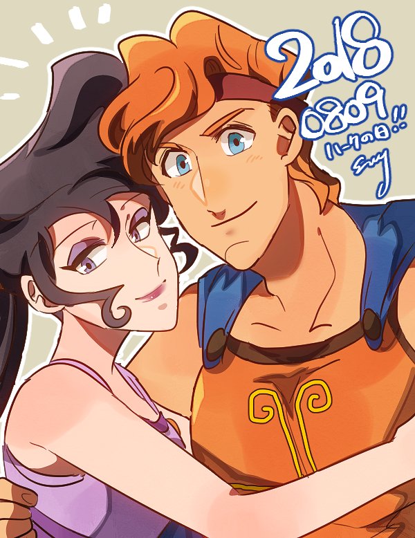 airagency1005, megara (disney), hercules (1997 movie), hercules (disney), 1boy, 1girl, ancient greek clothes, animification, blue eyes, brown hair, dress, eyeshadow, greco-roman clothes, long hair, looking at viewer, makeup, muscular, muscular male, ponytail, purple dress, purple eyes, short hair, simple background, sleeveless, smile, solo