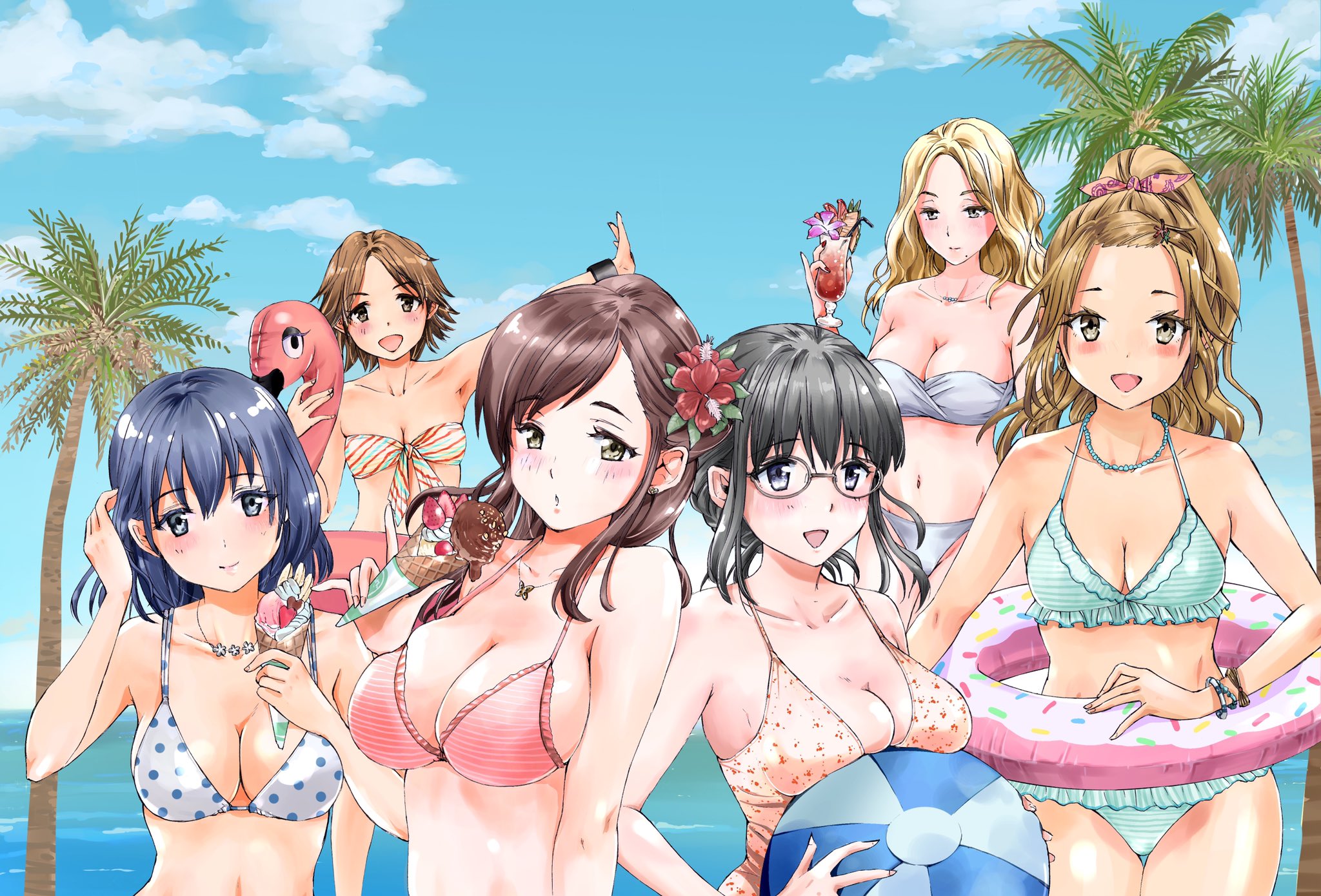 original, commentary request, highres, 6+girls, aqua bikini, ball, beachball, bikini, black hair, blonde hair, blue hair, blue sky, bracelet, breasts, brown hair, cleavage, closed mouth, collarbone, donut innertube, drink, flamingo innertube, front-tie bikini top, front-tie top, glasses, holding, holding ball, holding beachball, holding drink, holding ice, innertube, itsumoto roi, jewelry, large breasts, long hair, medium breasts, multiple girls, navel, necklace, open mouth, outstretched arm, palm tree, pink bikini, pink innertube, polka dot, polka dot bikini, short hair, sky, small breasts, smile, strapless, strapless bikini, swim ring, swimsuit, tree, white bikini