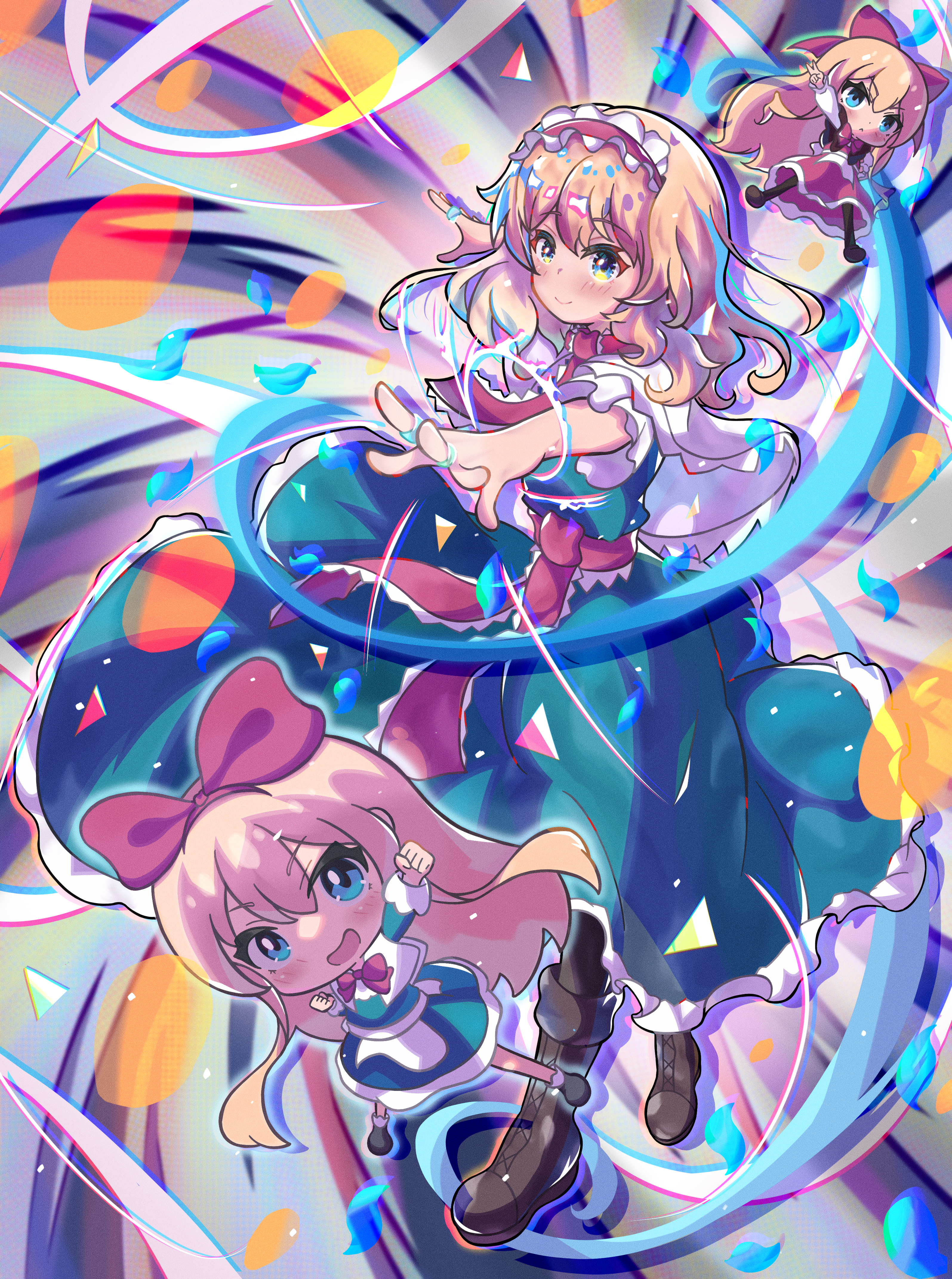mian shenzhu, alice margatroid, touhou, absurdres, highres, 1girl, apron, blonde hair, blue dress, blue eyes, boots, colorful background, doll, dress, frilled dress, frills, glowing, magic, motion blur, multiple girls, red ribbon, ribbon, smile, white apron