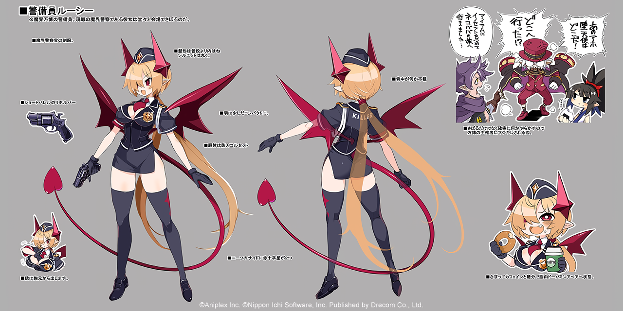 harada takehito, lucy (disgaea), mao (disgaea), disgaea, disgaea rpg, non-web source, official art, photoshop (medium), translation request, 2girls, ass, back, badge, black hair, black shoes, black thighhighs, blonde hair, breasts, bright pupils, cleavage, clothes writing, coffee, copyright notice, cup, demon girl, demon horns, demon tail, demon wings, disposable coffee cup, disposable cup, donut, drinking straw, fang, food, full body, grey background, gun, handgun, hat, holding, holding cup, holding donut, holding food, horns, large breasts, loafers, long hair, long tail, low ponytail, multiple girls, multiple views, necktie, open mouth, outline, outstretched arm, pointy ears, ponytail, purple hair, red eyes, red horns, red necktie, red tail, red wings, reference sheet, shoes, short necktie, short sleeves, simple background, solo focus, tail, text focus, thighhighs, top hat, turnaround, upper body, very long hair, weapon, white hair, white outline, wings