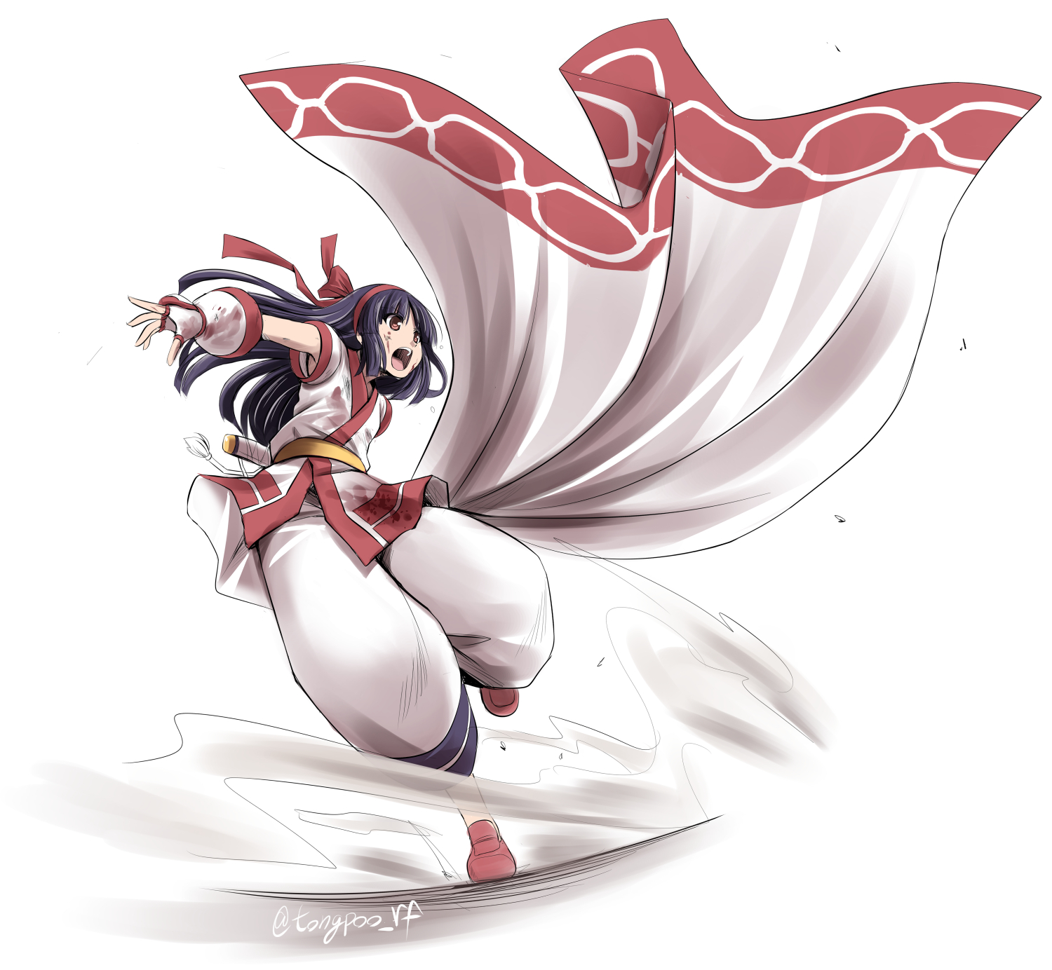 nakoruru, samurai spirits, snk, the king of fighters, highres, 1girl, ainu clothes, black hair, blood on clothes, breasts, brown eyes, cloak, fingerless gloves, gloves, hair ribbon, leg lift, leg up, legs, long hair, open mouth, pants, ribbon, small breasts, solo, thighs, tongue, weapon