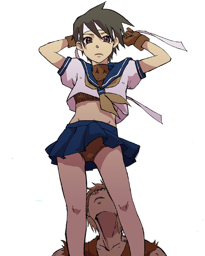kotoyama, kasugano sakura, ken masters, capcom, street fighter, street fighter zero (series), bad id, bad pixiv id, 1990s (style), 1boy, 1girl, blonde hair, blue sailor collar, bra, brown eyes, brown hair, gloves, headband, lingerie, midriff, panties, pantyshot, sailor collar, school uniform, serafuku, short hair, skirt, spiked hair, underwear, upskirt
