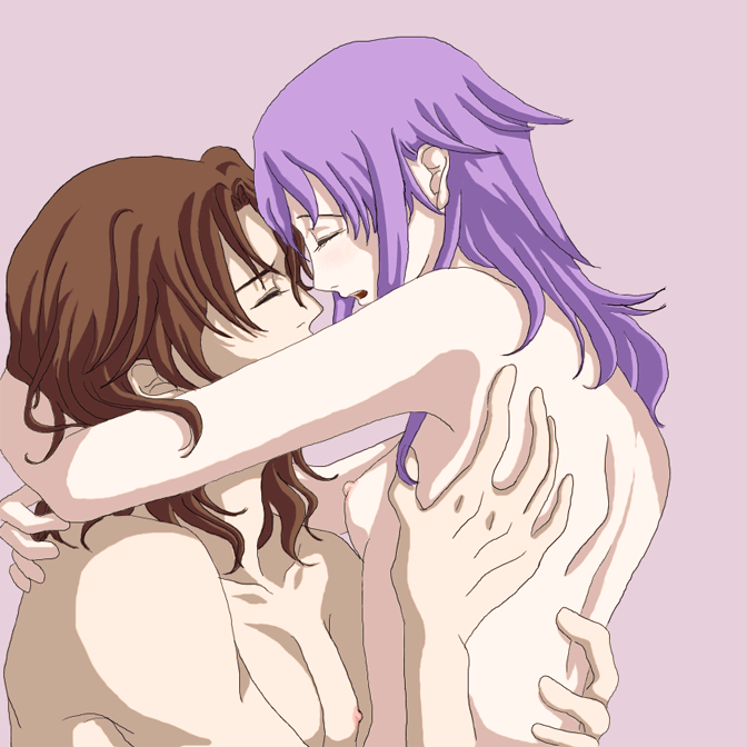 anew returner, lockon stratos, lyle dylandy, gundam, gundam 00, 00s, 1boy, 1girl, blush, breasts, brown hair, celestial being, closed eyes, couple, flat chest, hetero, hug, innovators (gundam 00), nipples, purple hair, short hair, topless female
