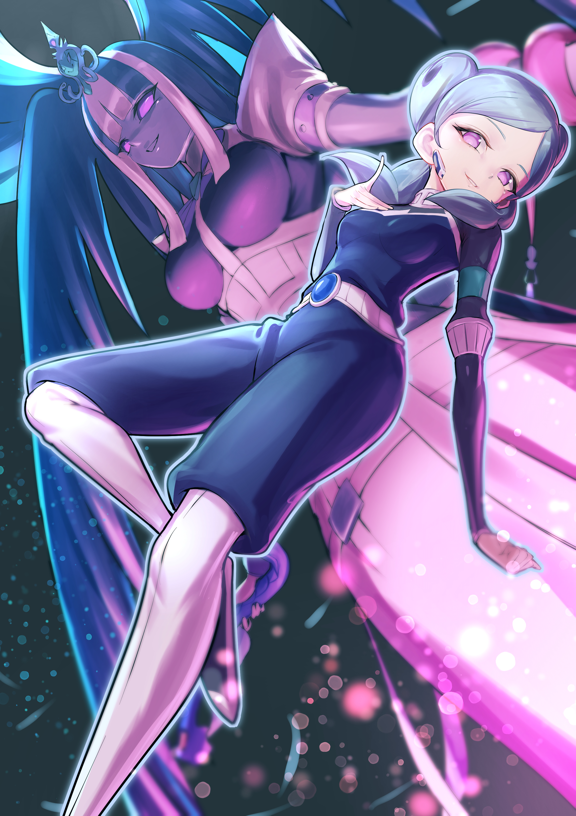ganbariiiyo, beta (inazuma eleven), keshin (inazuma eleven), kokuu no megami athena, inazuma eleven (series), inazuma eleven go, inazuma eleven go chrono stone, inazuma eleven victory road, absurdres, highres, 2girls, belt, blue bodysuit, blue hair, bodysuit, boots, colored skin, corset, double bun, hair bun, impossible clothes, long hair, medium hair, multiple girls, protocol omega, purple eyes, skirt, smile, white boots, white skirt, white streaks