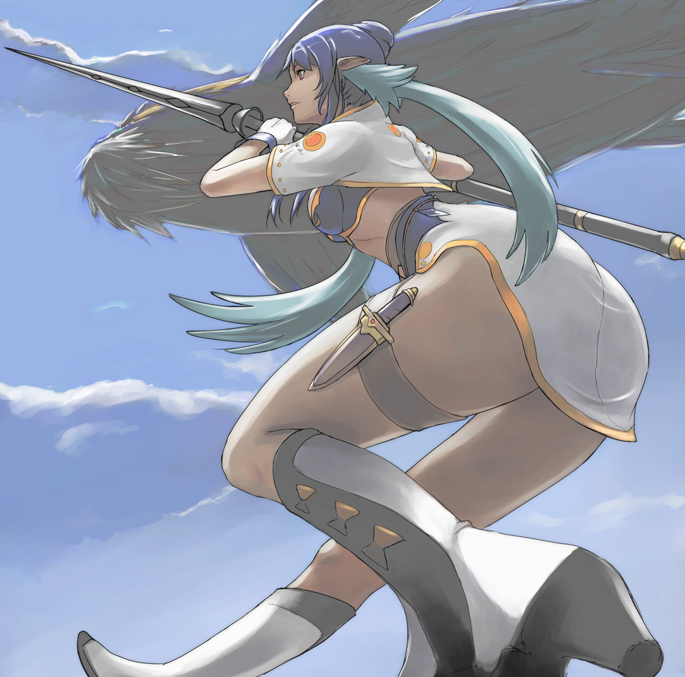 tea (nakenashi), baul (tales), judith (tales), tales of (series), tales of vesperia, 00s, 1girl, blue hair, boots, female focus, gloves, knee boots, long hair, pointy ears, polearm, solo, spear, thick thighs, thighs, weapon