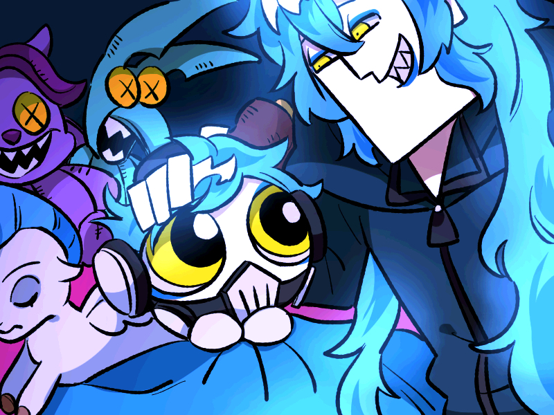 bomuchi, idia shroud, ortho shroud, hercules (1997 movie), powerpuff girls, twisted wonderland, 4boys, alternate art style, blue hair, fiery hair, hair between eyes, long hair, long sleeves, looking at viewer, makeup, male focus, multiple boys, pain (disney), panic (disney), pegasus (disney), powerpuff girls (style), robot, shirt, short hair, simple background, yellow eyes