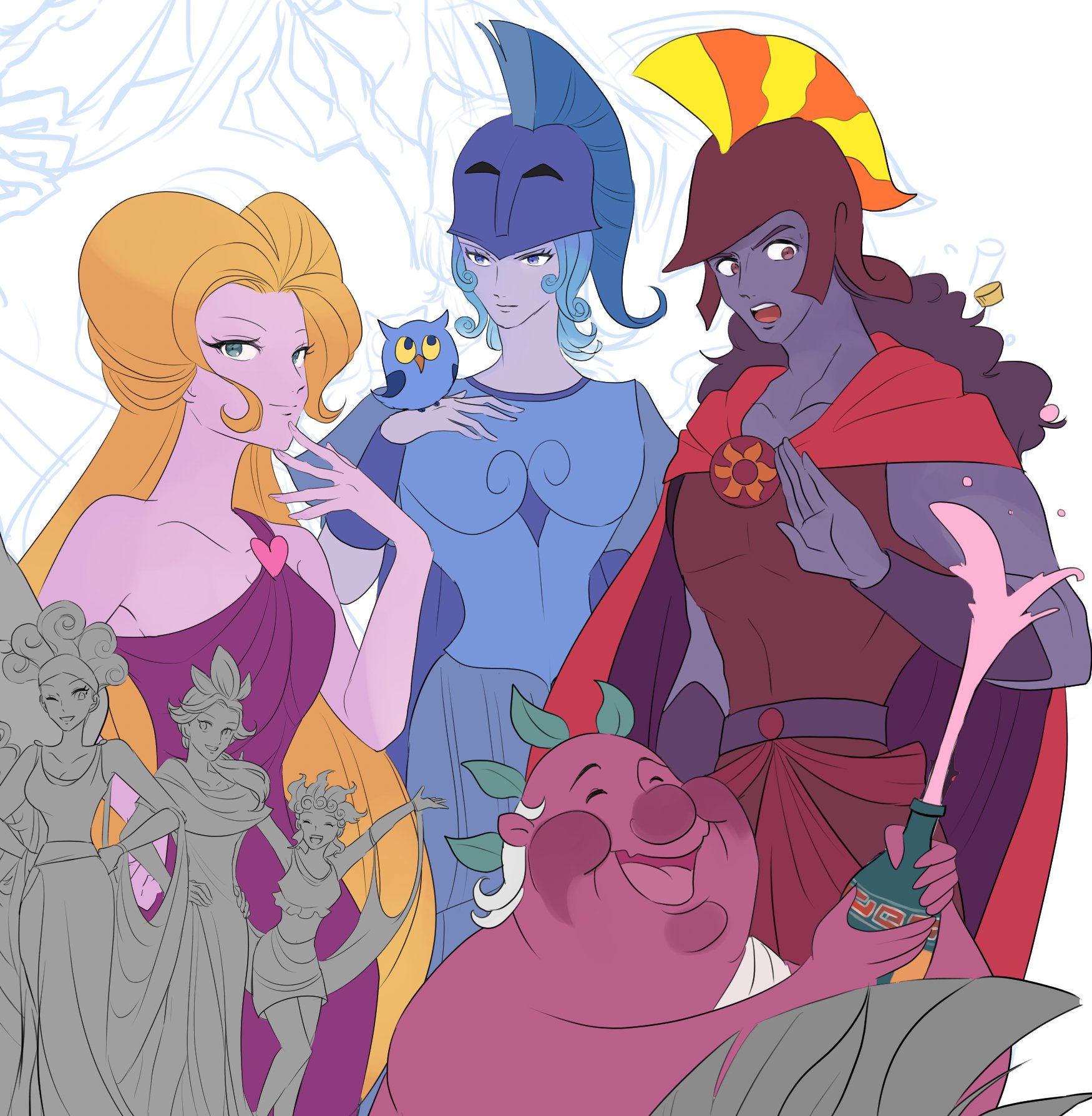 airagency1005, aphrodite (disney), athena (mythology), clio (disney), hercules (1997 movie), highres, 2boys, 5girls, apollo (disney), bird, blue eyes, blue hair, breasts, brown hair, calliope (disney), cleavage, dress, earrings, green eyes, holding, jewelry, long hair, medium breasts, melponene (disney), multiple boys, multiple girls, muscular, owl, parted lips, short hair, smile, terpsichore (disney), thalia (disney)